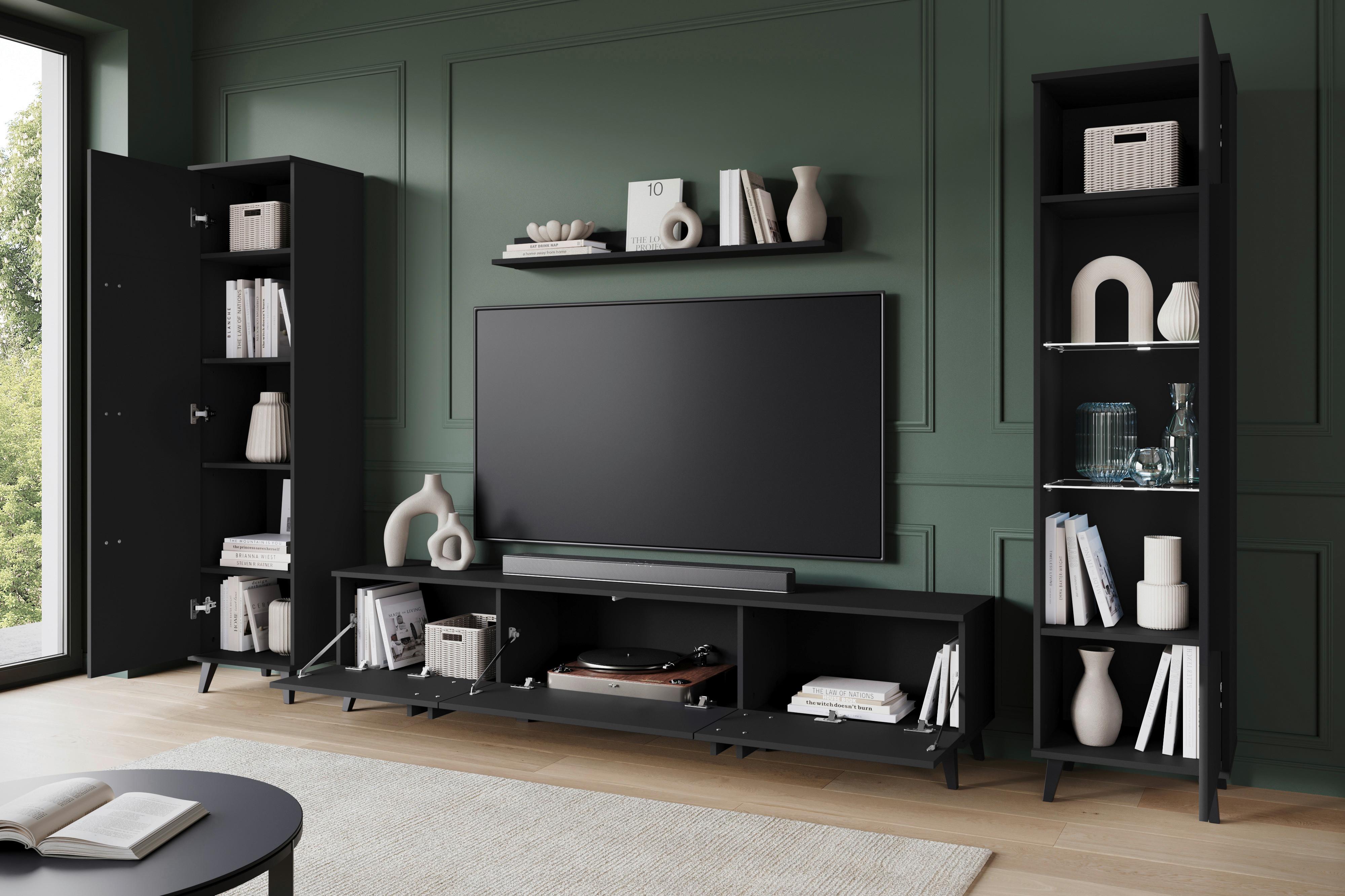 Wohnwand Helsinki 02 Schwarz B: 260 cm - Schwarz, Trend, Glas/Holzwerkstoff (260/159,5/33cm)
