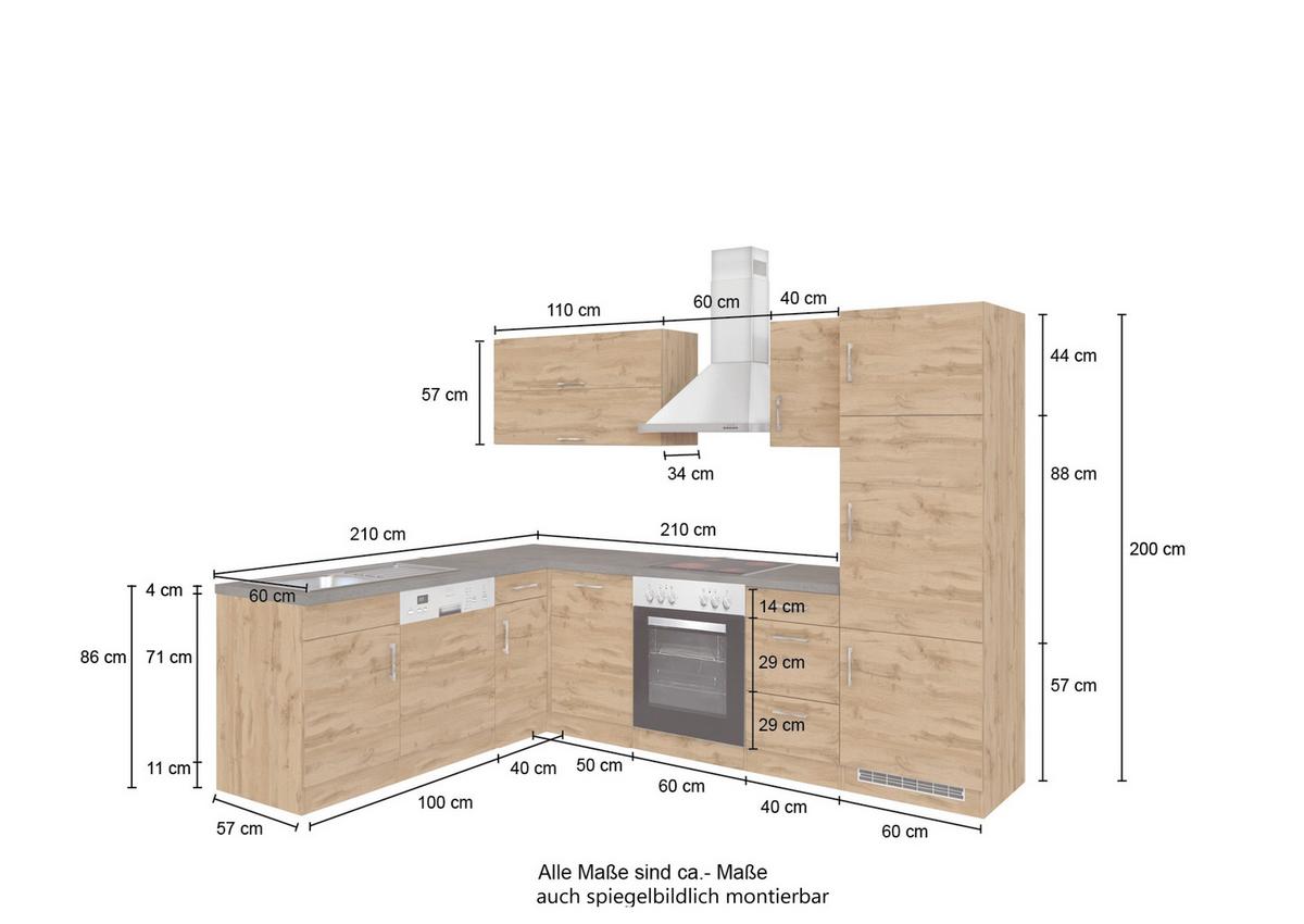 Eckküche Winkelblock B: 270/210 cm Weiß - Eiche Wotan/Weiß, MODERN, Holzwerkstoff (210/270cm) - Held
