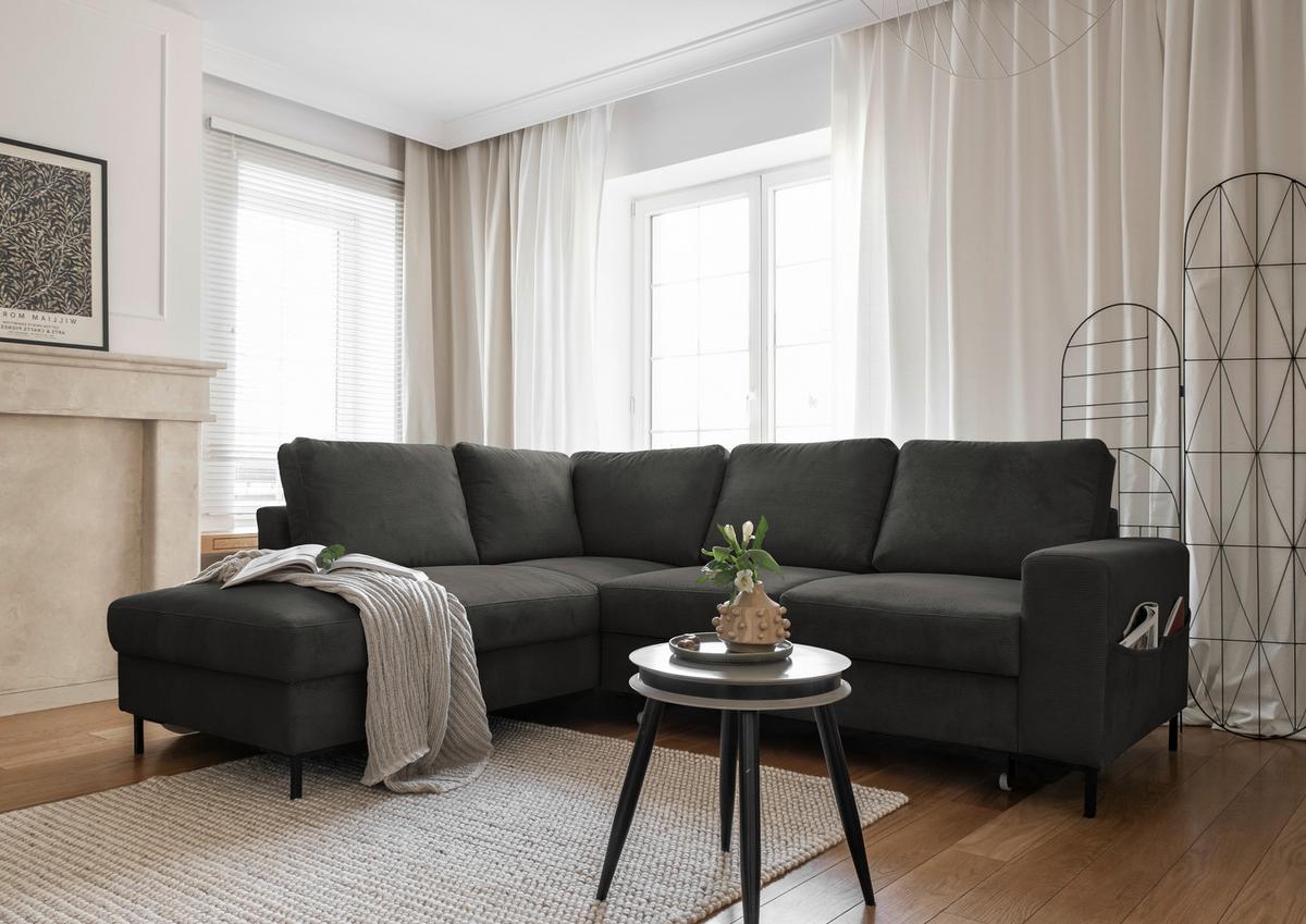 Sedačka LEONIE L, ľavá, sivý menčester - čierna/sivá, Design, kov/drevo (197/237cm)