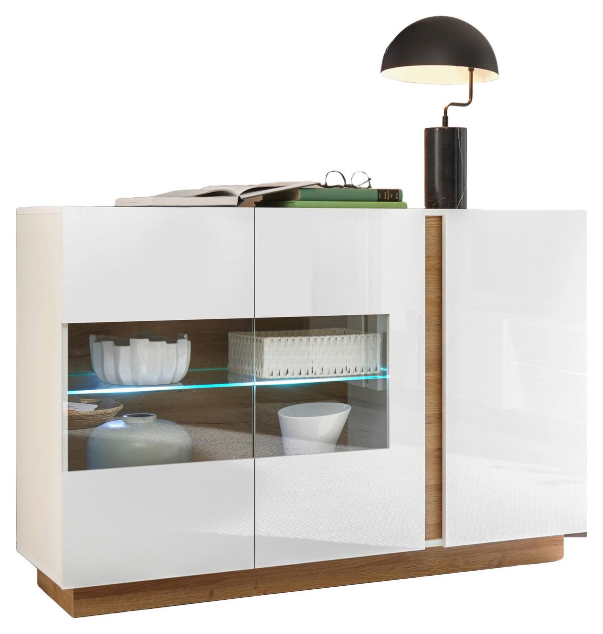 Sideboard Clair Weiß/Eiche Dekor B:138cm - Eichefarben/Weiß, Design, Glas/Holzwerkstoff (138/91/40cm) - MID.YOU