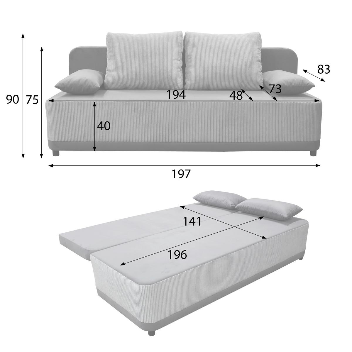 Schlafsofa Stella Grau B: 197 cm - Schwarz/Grau, Design, Textil (197/90/83cm) - MID.YOU