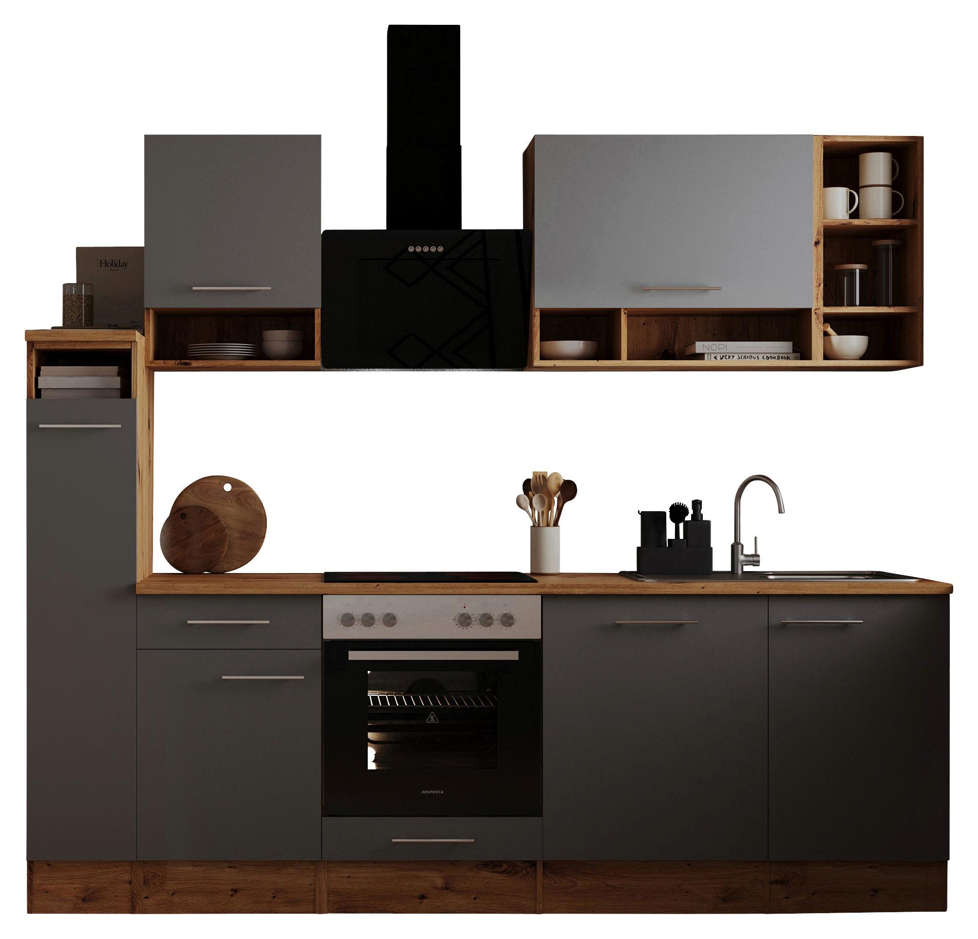 Küchenzeile mit Geräten B: 250 cm Eiche Dekor/Grau - Eichefarben/Grau, Basics, Holzwerkstoff (250cm) - Respekta