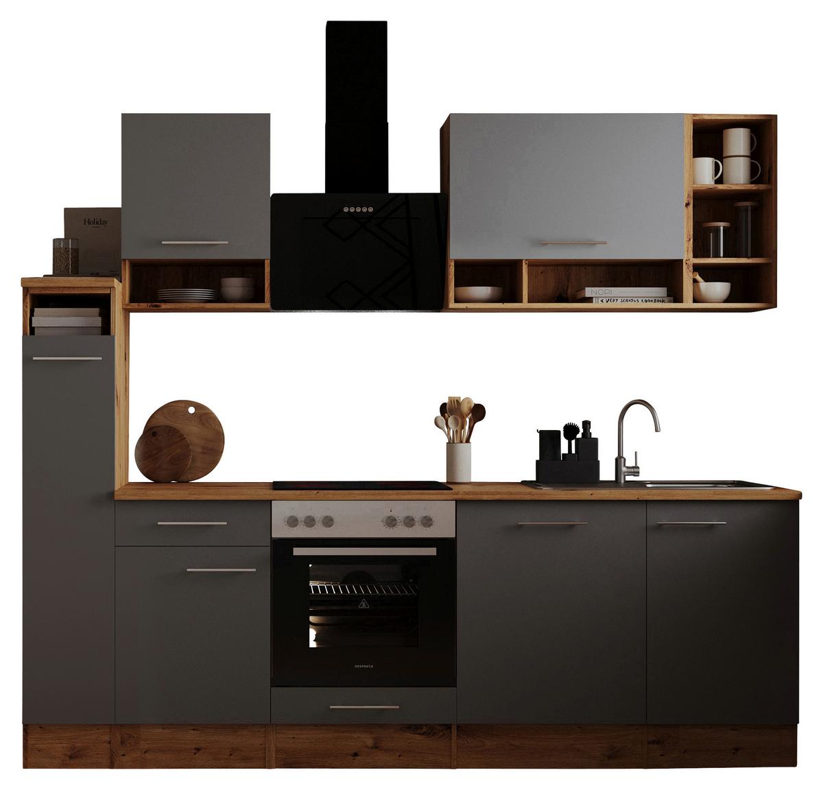 Küchenzeile mit Geräten B: 250 cm Eiche Dekor/Grau - Eichefarben/Grau, Basics, Holzwerkstoff (250cm) - Respekta