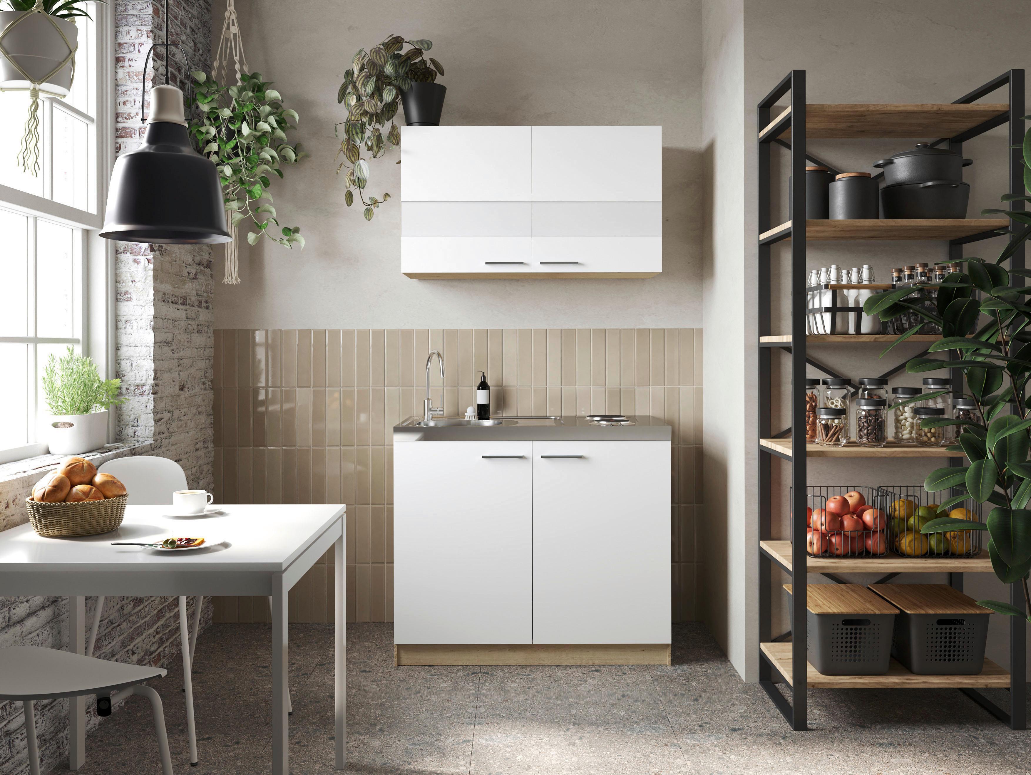 Miniküche Merle Weiß/Eiche Dekor B:100cm - Eichefarben/Weiß, Basics, Glas/Holzwerkstoff (100cm) - Respekta
