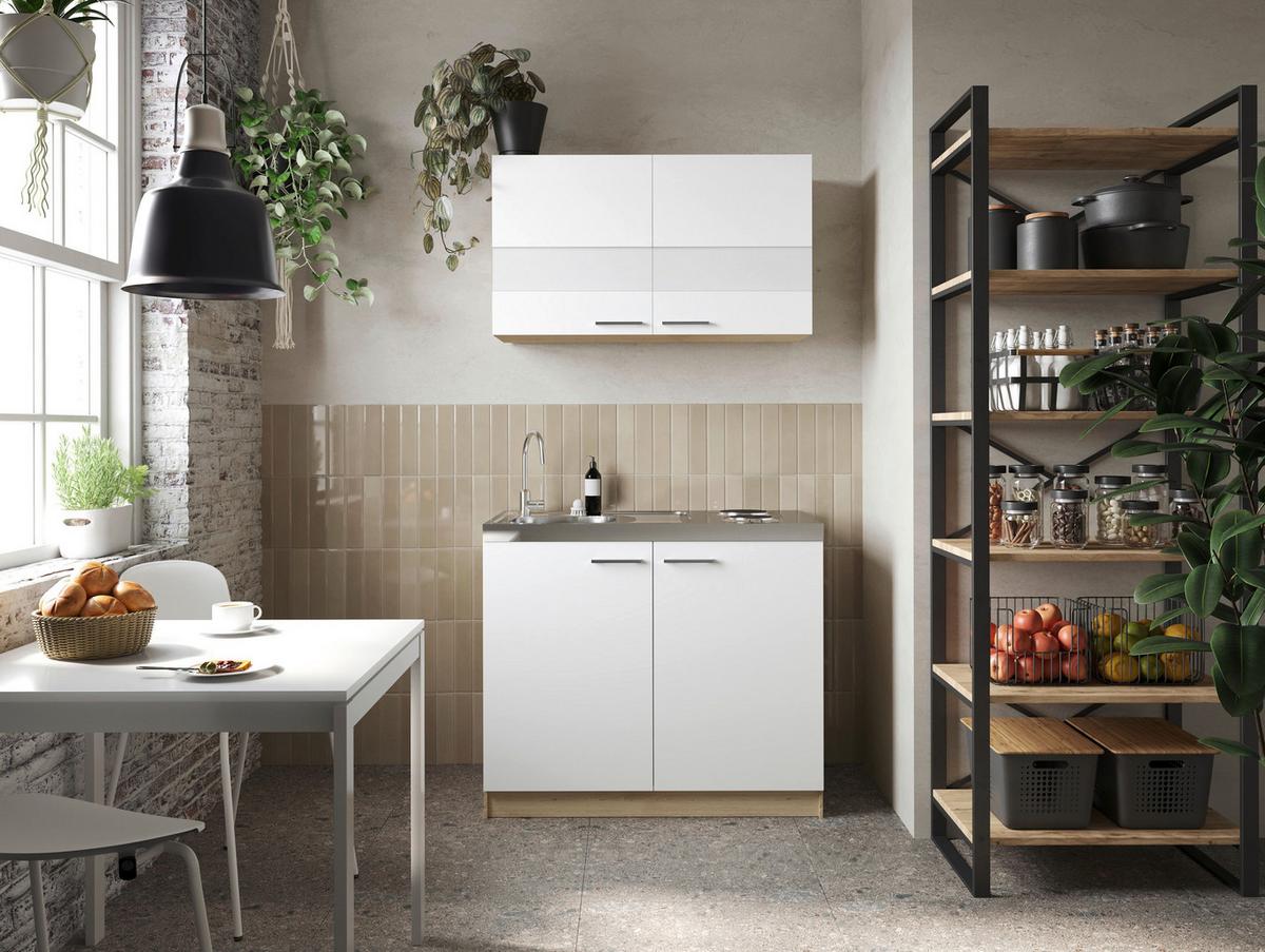 Miniküche Merle Weiß/Eiche Dekor B:100cm - Eichefarben/Weiß, Basics, Glas/Holzwerkstoff (100cm) - Respekta