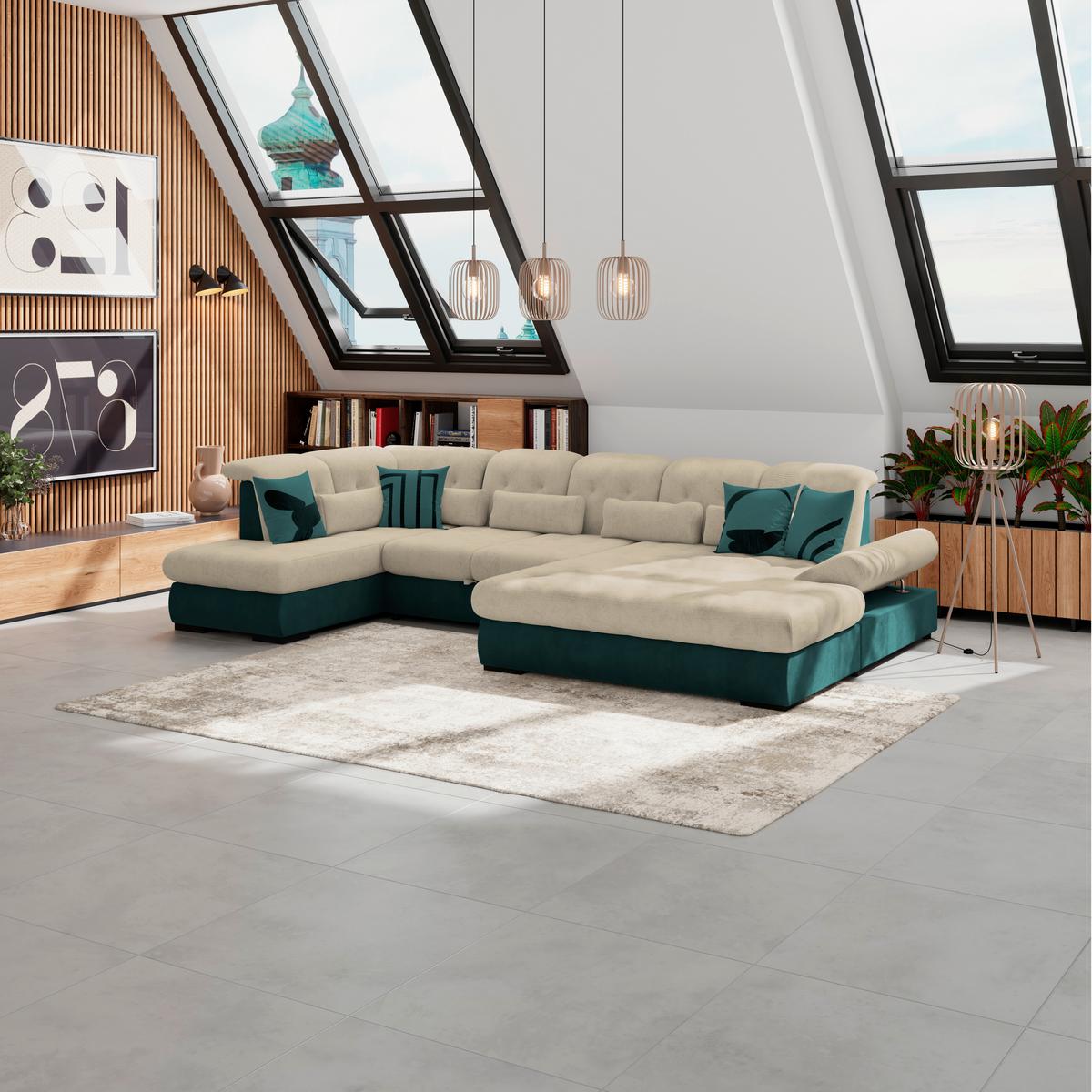 Wohnlandschaft Madera Cremefarben U: 212x358x190 cm - Türkis/Creme, KONVENTIONELL, Kunststoff/Textil (212/358/190cm)