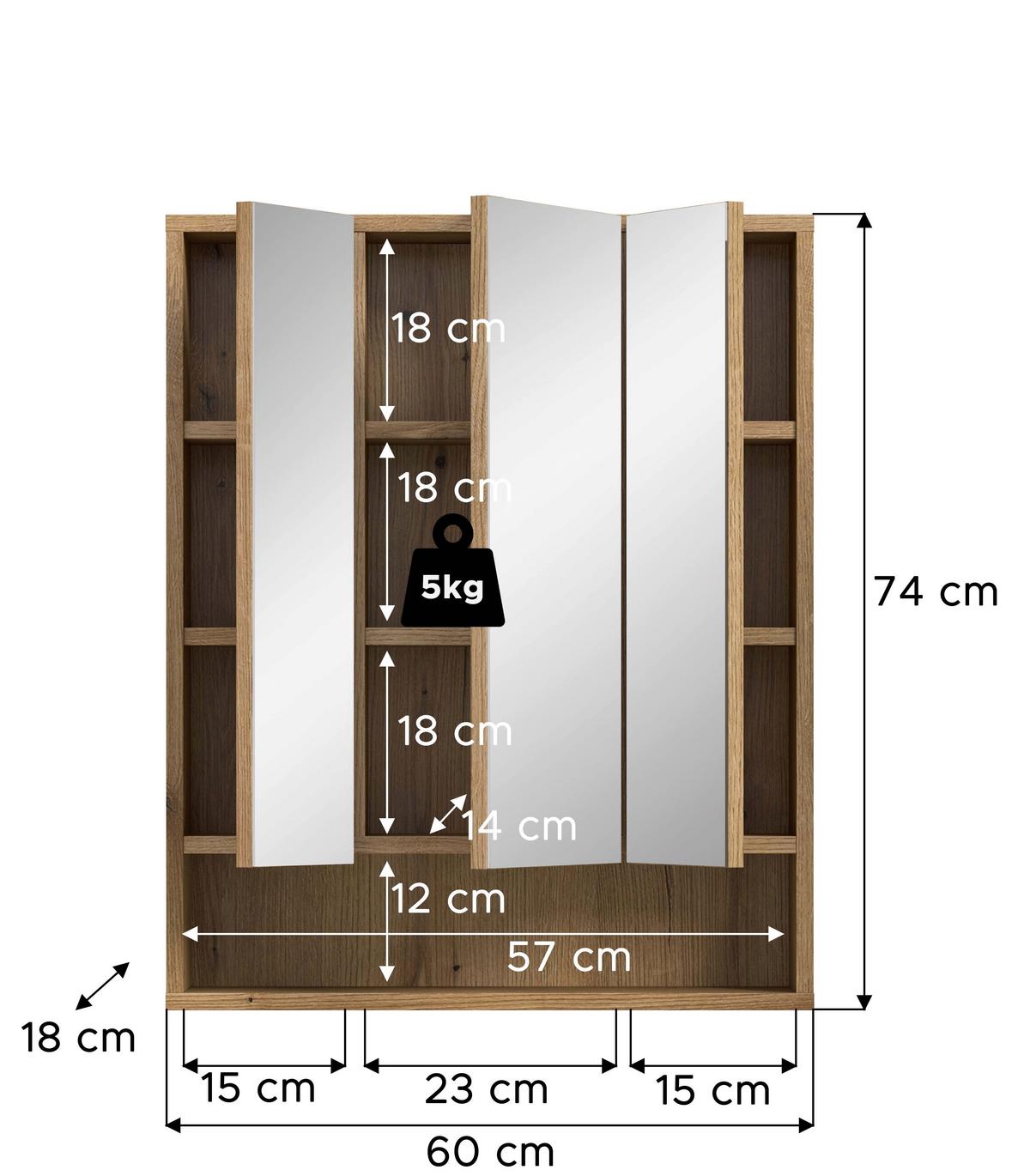 Spiegelschrank Aqua Eichefarben B: 60cm - Eichefarben, Trend, Glas/Holzwerkstoff (60/74/18cm) - MID.YOU