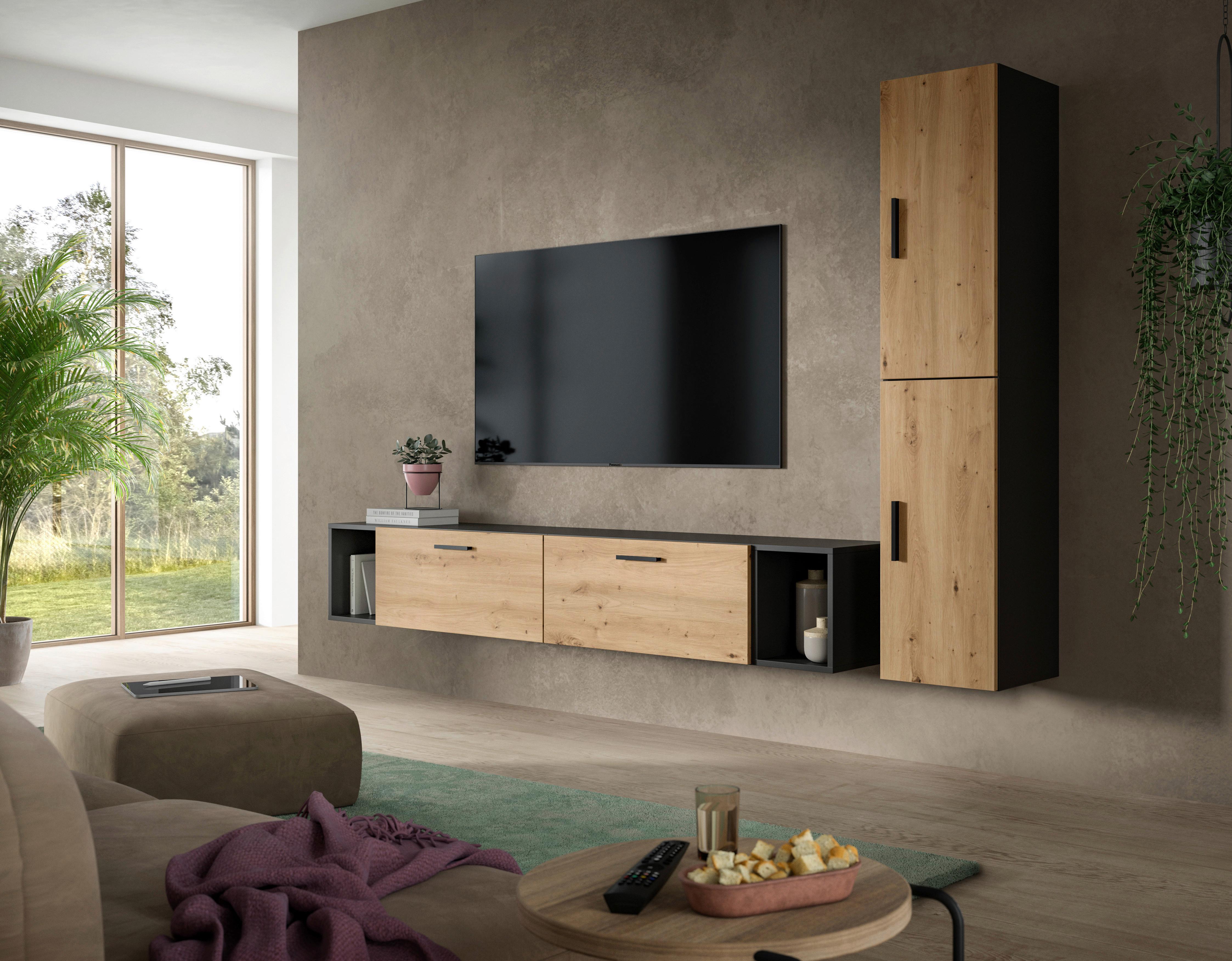 Wohnwand, The One 1, B: 259 cm Artisan Eiche Dekor/Grau - Schwarz/Eiche Artisan, Trend, Holzwerkstoff (259/182/34cm)