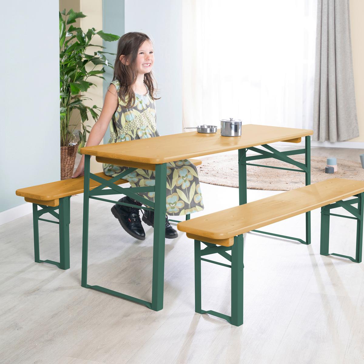 Kindersitzgruppe 3-Teilig natur/Grün - Naturfarben/Grün, Basics, Holz/Metall (109/52/40cm)