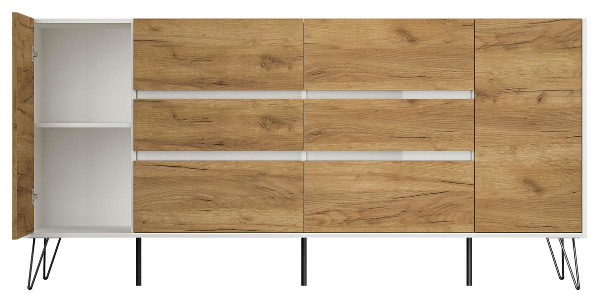 Sideboard Posseik Industrial Weiß/Eichefarben B: 199 cm - Eichefarben/Weiß Hochglanz, Design, Holzwerkstoff (199/93,6/42cm) - P & B