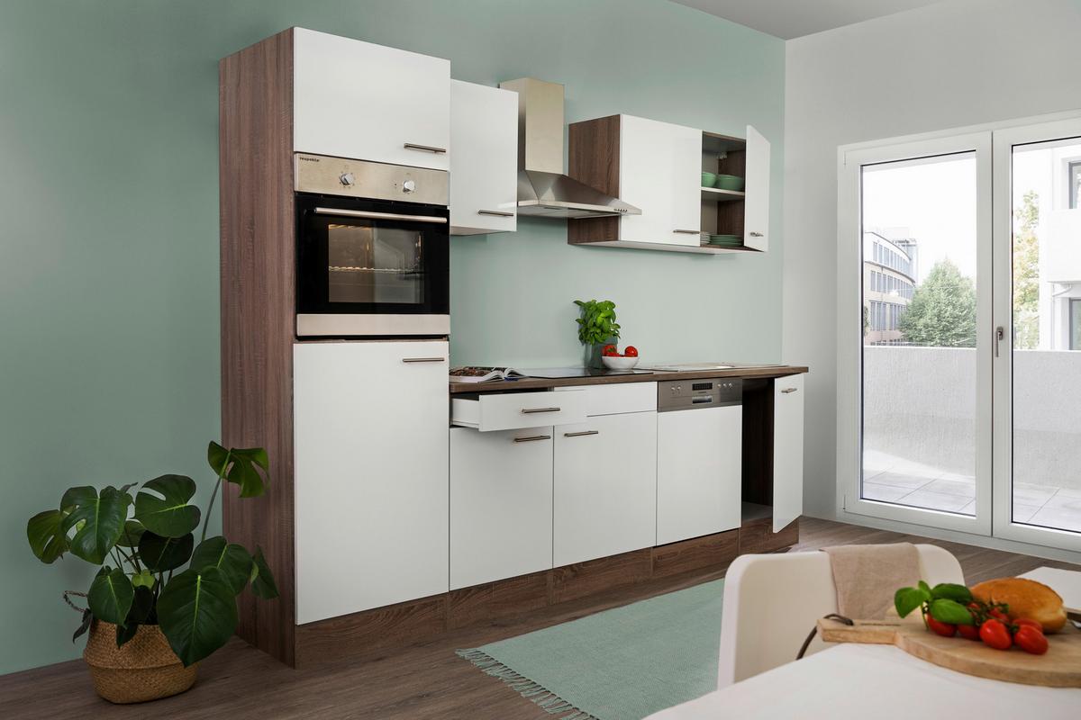 Küchenzeile mit Geräten B: 280 cm Weiß/Eiche Dekor - Eichefarben/Weiß, Design, Holzwerkstoff (280cm) - Respekta