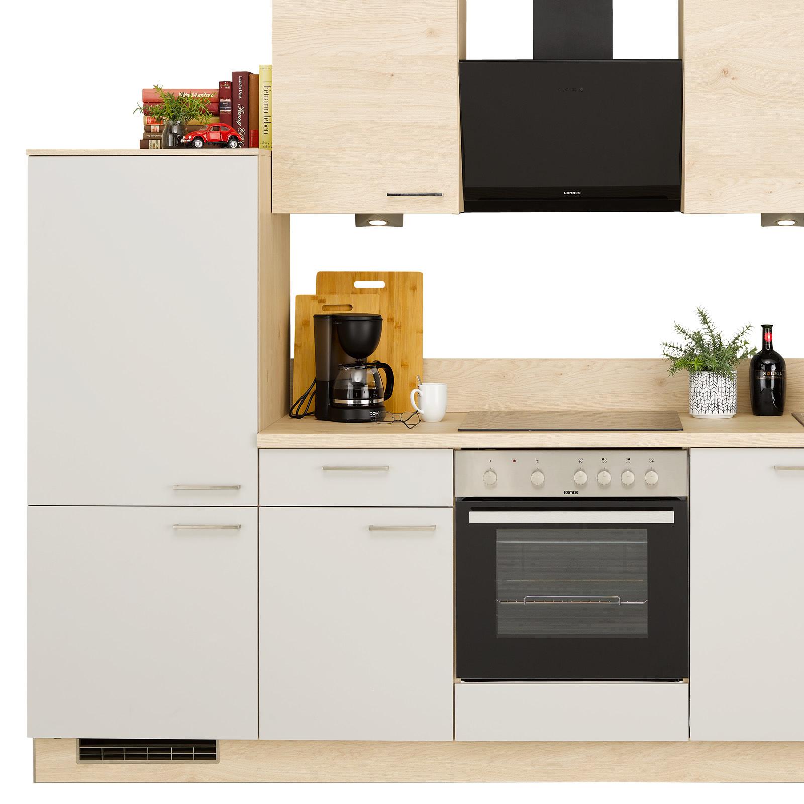 Küchenzeile Win mit Geräten 280 cm Hellgrau/Eiche Dekor - Basics, Holzwerkstoff (280cm) - Express