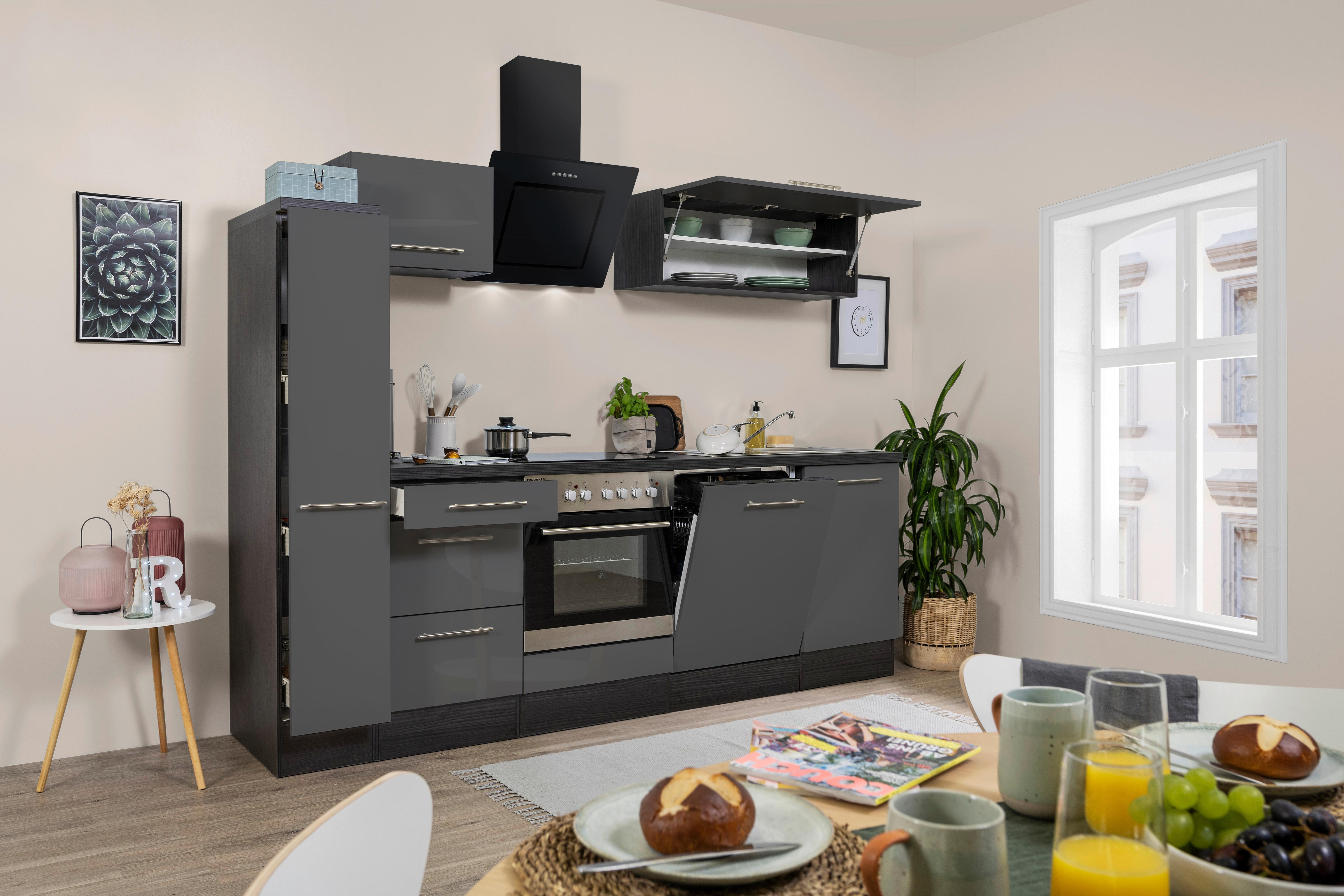 Küchenzeile Respekta Rp250ewc mit Geräte 250 cm Grau/Schwarz - Schwarz/Grau, Basics, Holzwerkstoff (250cm) - Respekta