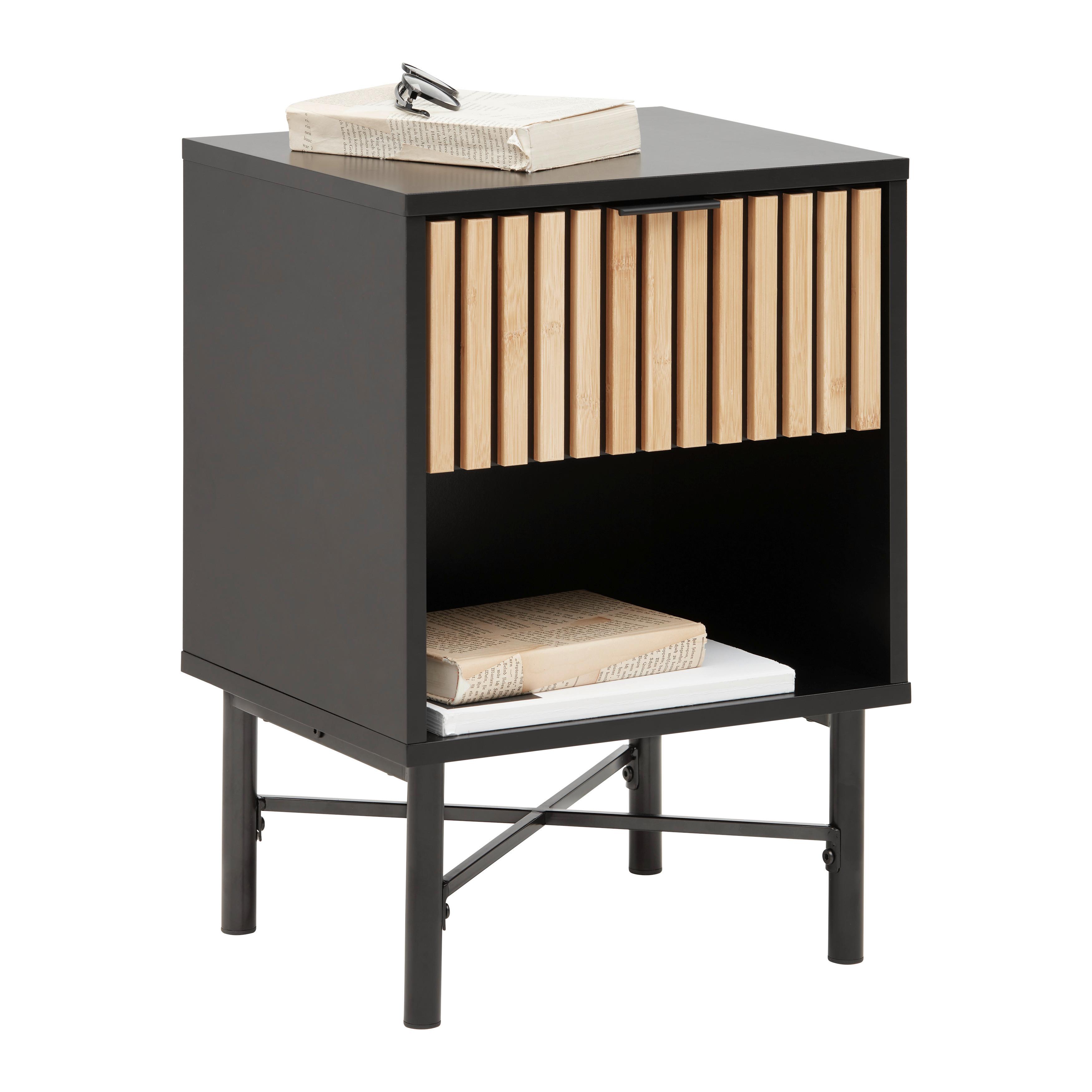 NOČNÝ STOLÍK MADRID -EXKLUSIV- - čierna/prírodná farba, Modern, kov/drevo (40/56/35cm) - Mömax