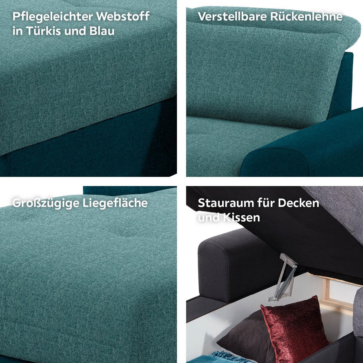 Ecksofa mit Schlaffunktion + Bettkasten Malaga, Webstoff - Türkis/Blau, KONVENTIONELL, Textil (203/286cm) - Ondega