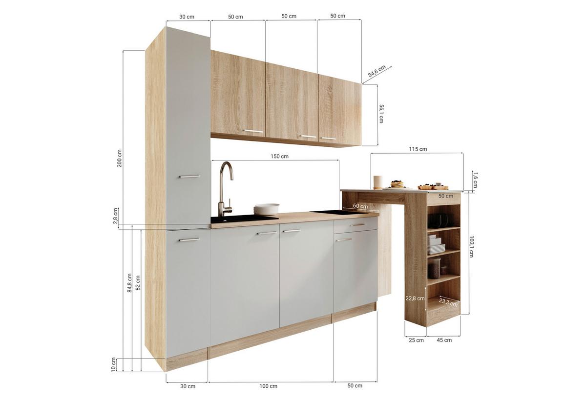 KÜCHENBLOCK Ingrid, Grau B: 180 cm - Eichefarben/Grau, Design, Holzwerkstoff (180cm) - Respekta