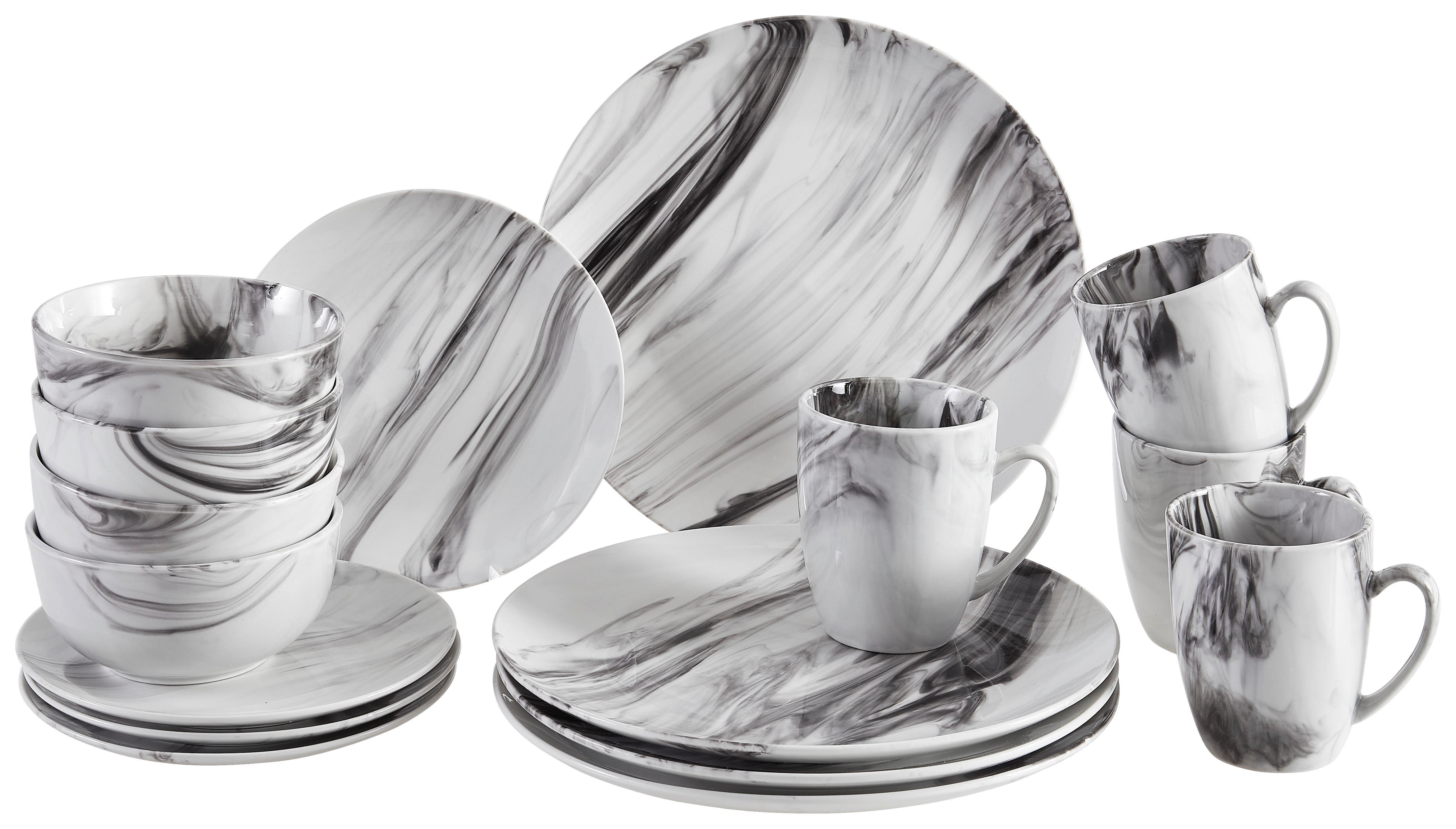 Kombiservice Marmor Weiß 16-teilig - Schwarz/Weiß, Design, Keramik - Creatable