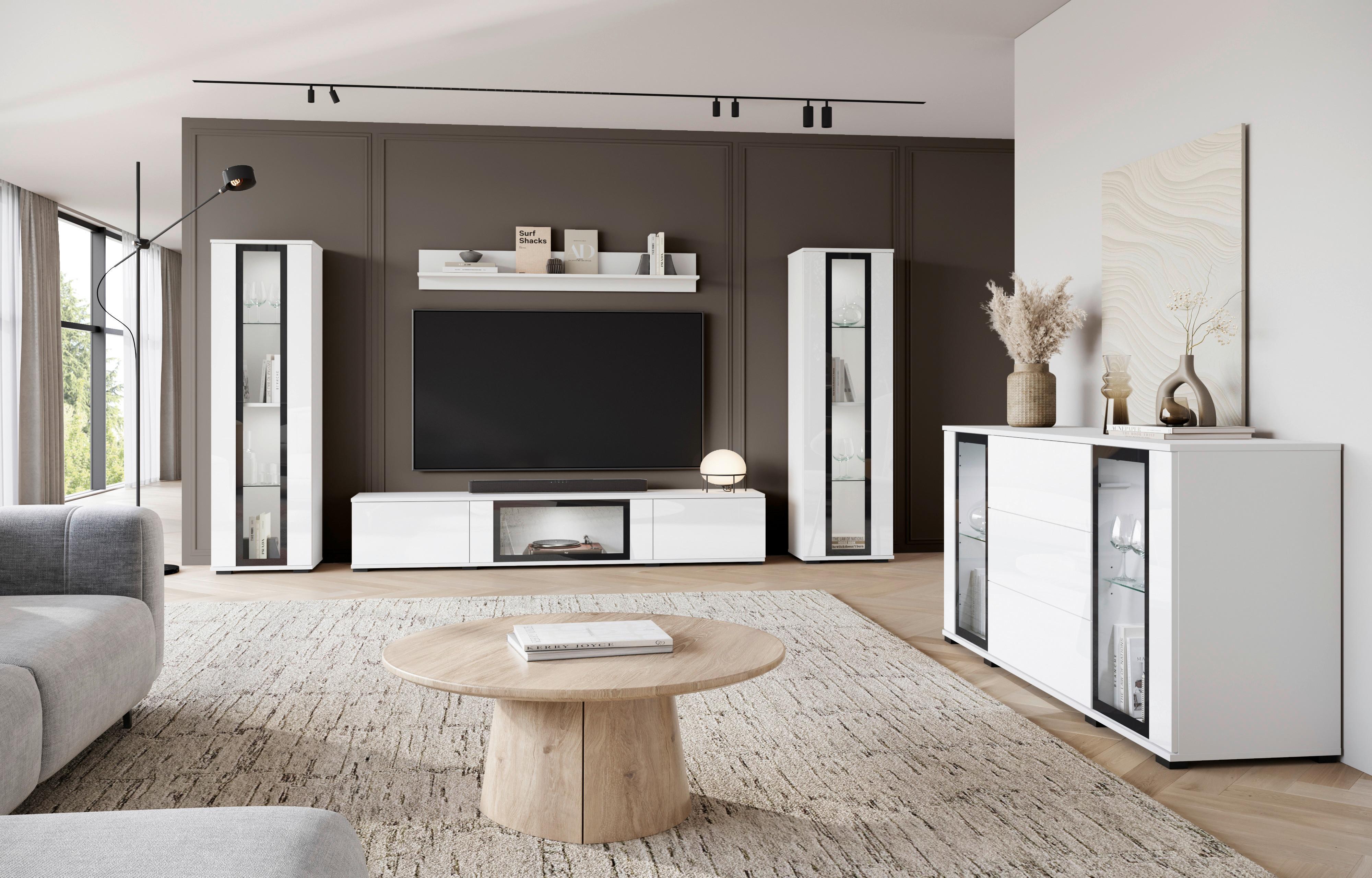 Kommode Caro Weiß B: 150 cm - Weiß Hochglanz/Schwarz, Design, Glas/Holzwerkstoff (150/69,7/39,5cm) - Livetastic