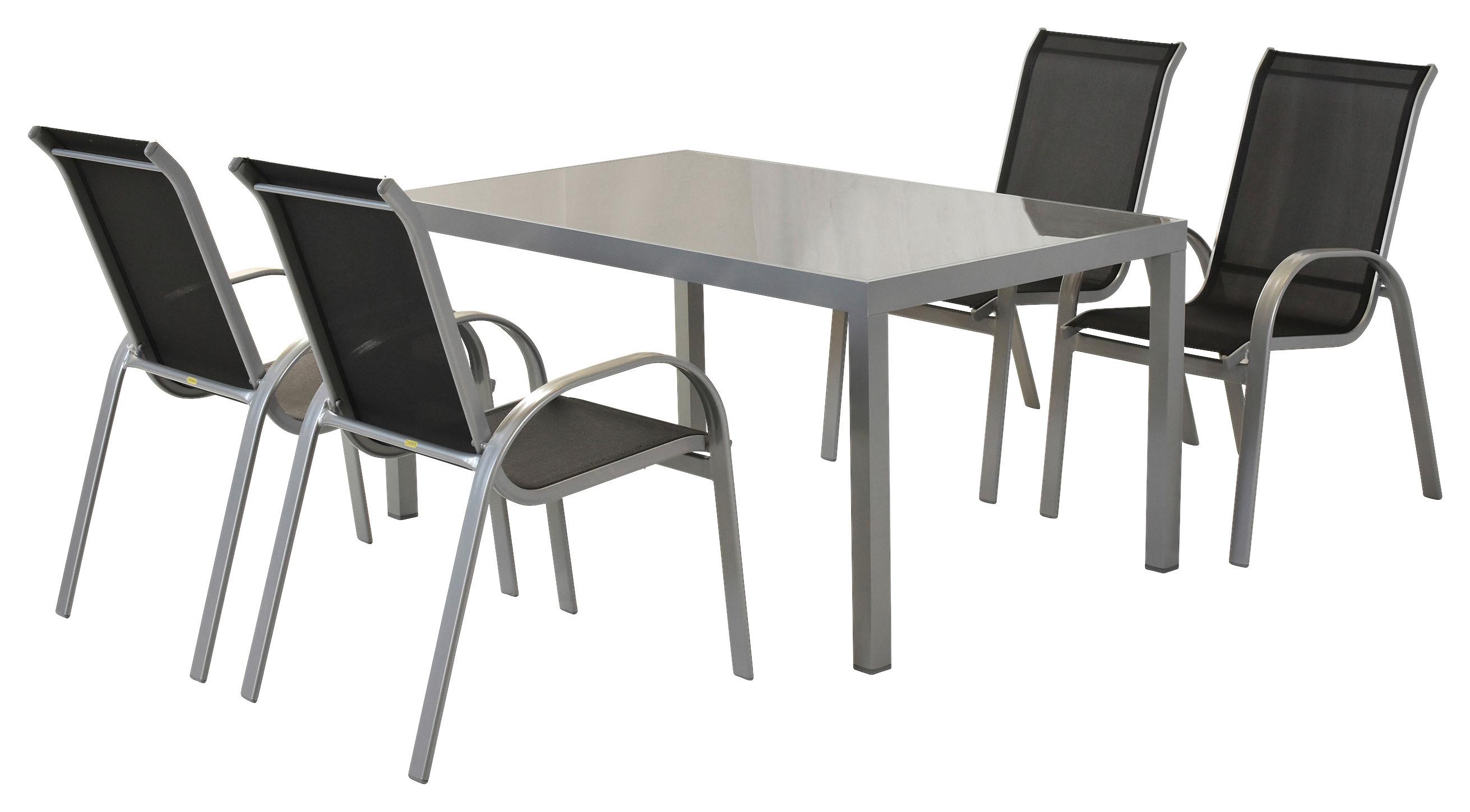 Gartenmöbel Set 5tlg. Amalfi aus Aluminium - Silberfarben/Schwarz, MODERN, Glas/Textil - Gardenson