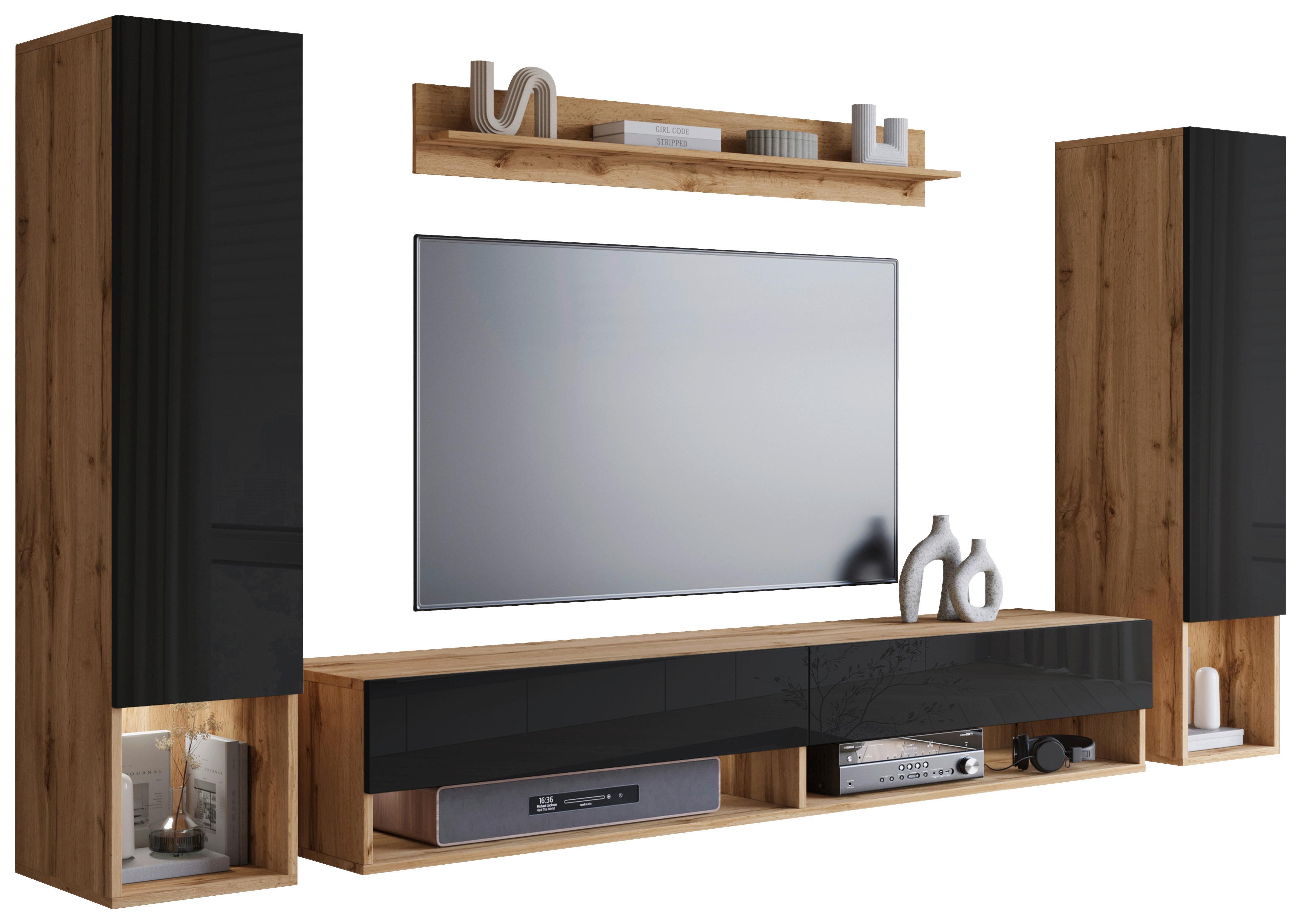 Wohnwand Amadeo Schwarz HG/Eiche Dekor 4-tlg.