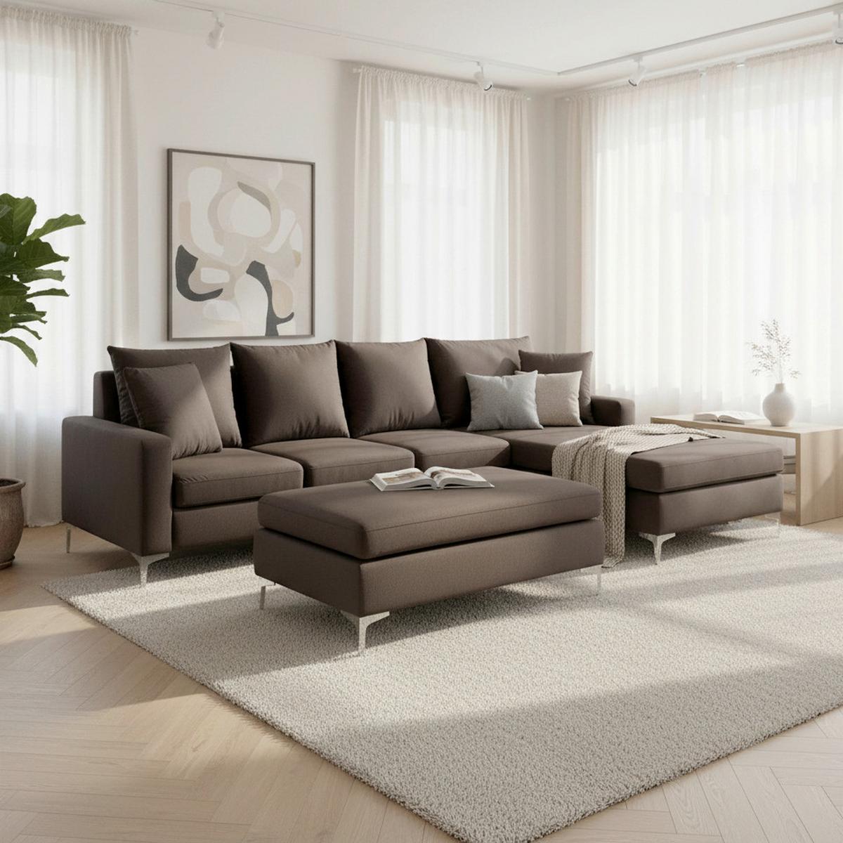 Sedací souprava ALONDRA, oboustranná, hnědá - hnědá/barvy nerez oceli, Moderní, kov/dřevo (287/182cm) - Bessagi Home