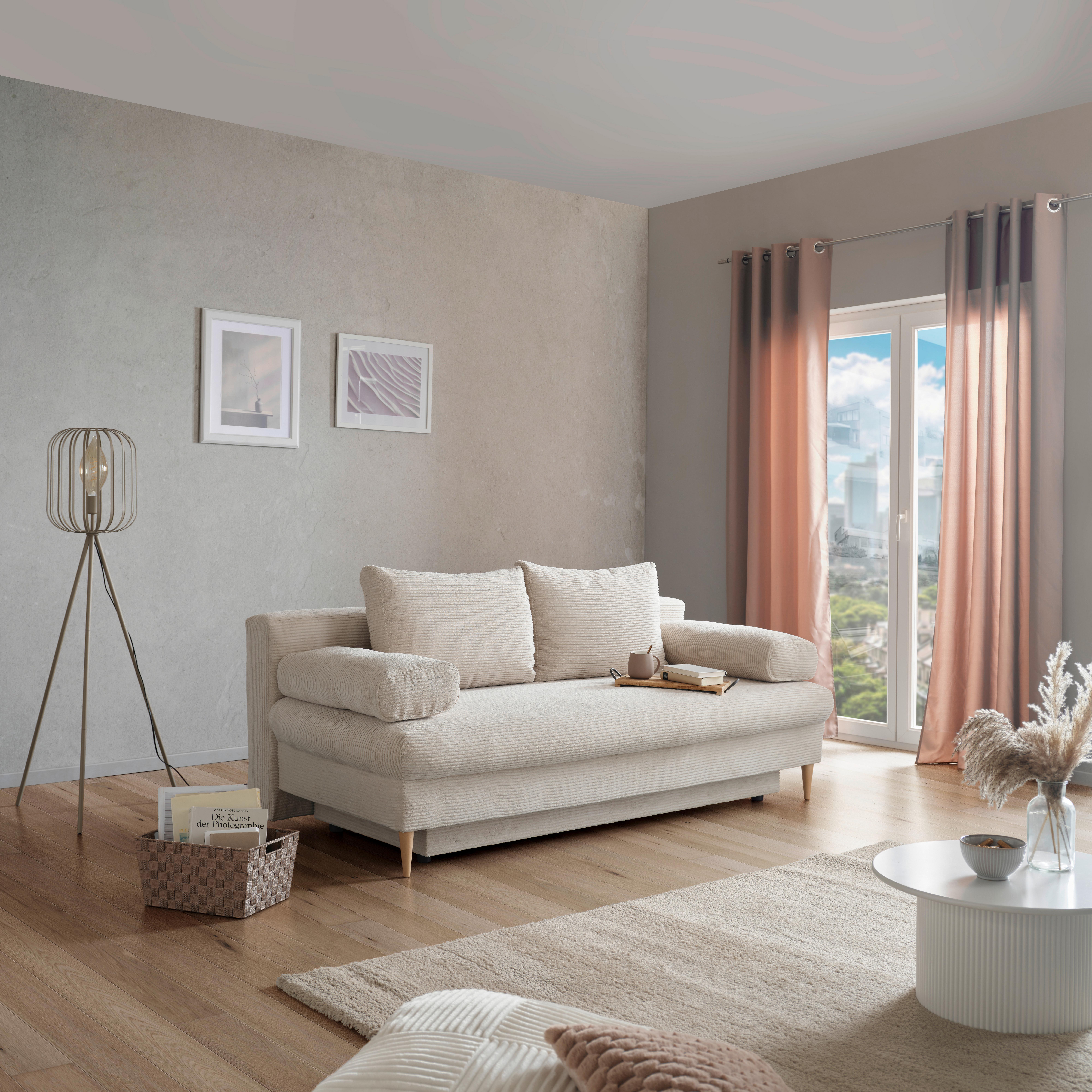 Pohovka MILANO, béžová, s lôžkom a úložným priestorom - prírodná farba/béžová, Modern, drevo/textil (200/95/95cm)