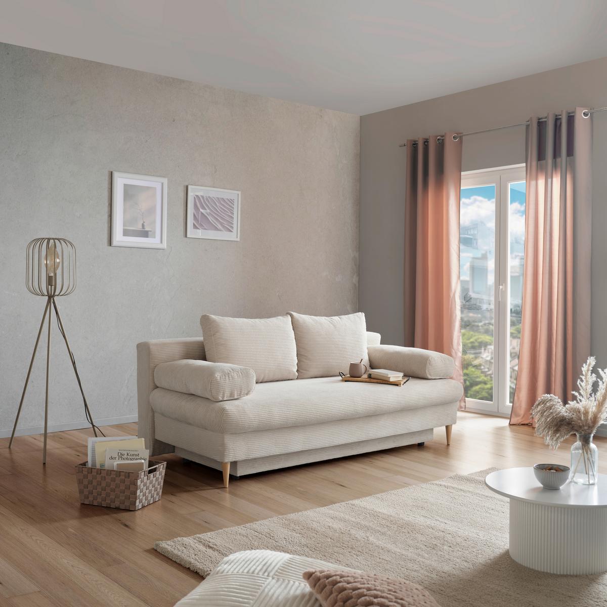 Pohovka MILANO, béžová, s lôžkom a úložným priestorom - prírodná farba/béžová, Modern, drevo/textil (200/95/95cm)