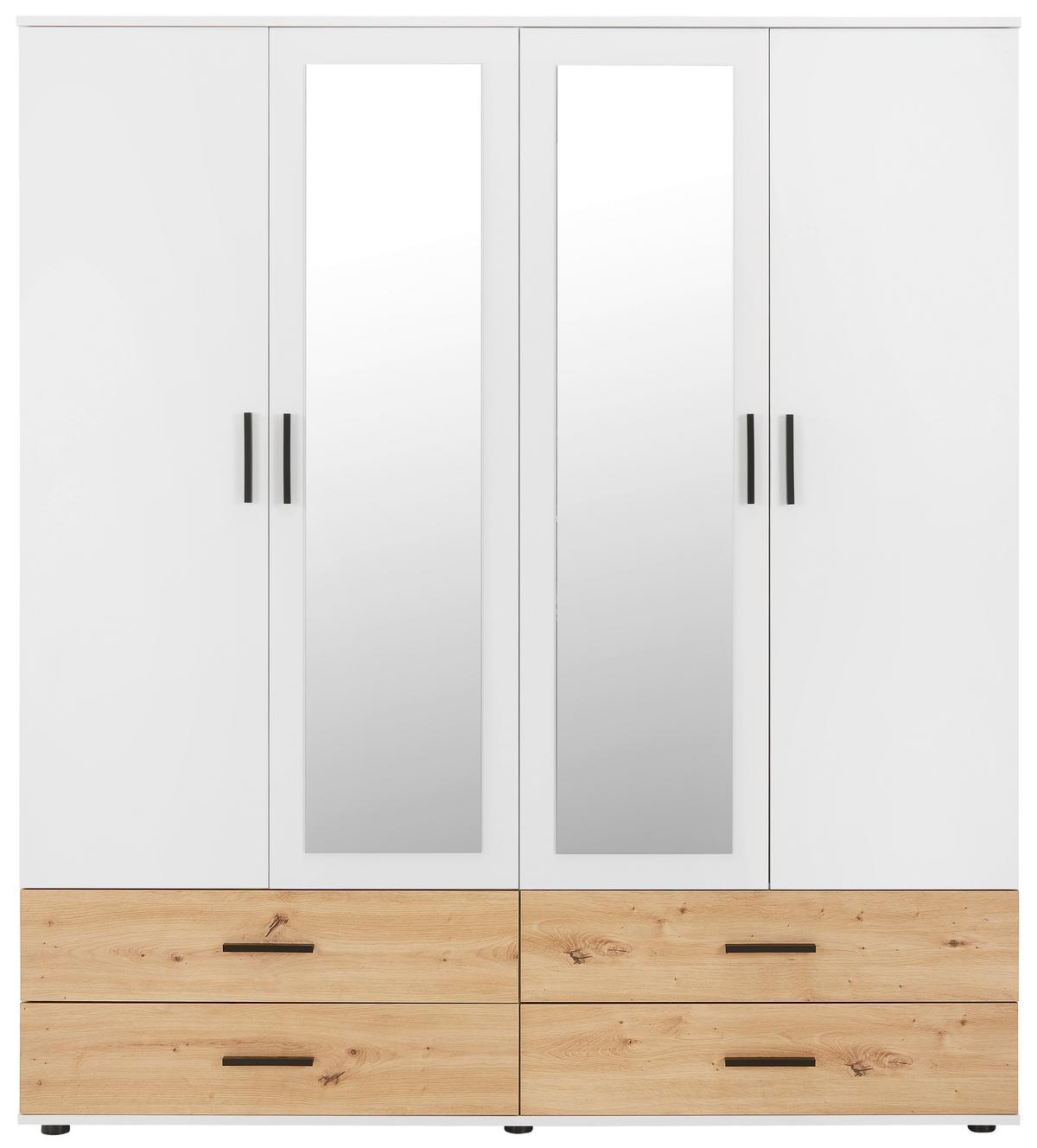 Šatní skříň se zrcadlem a zásuvkami Rasant, bílá/dub - bílá/černá, Konvenční, kompozitní dřevo/plast (168/188/52cm)