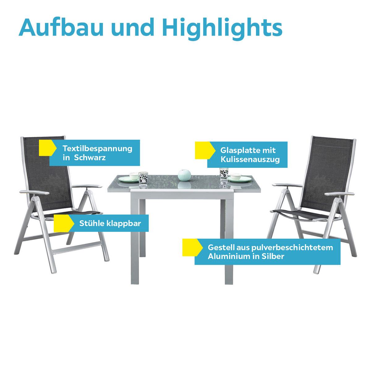 Gartenmöbel Set 3-Tlg. Carrara Metall/Textil - Schwarz, ROMANTIK / LANDHAUS, Textil/Metall - Gardenson