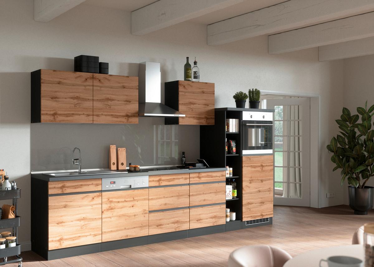 Küchenzeile Turin mit Geräten B: 330 cm Graphit/Eiche Dekor - Eiche Wotan/Graphitfarben, Design, Holzwerkstoff (330cm) - Held