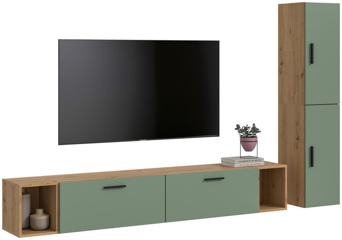 Wohnwand, The ONE 1, B: 259 cm Olivgrün/Artisan Eiche Dekor - Schwarz/Weiß, Trend, Holzwerkstoff (259/182/34cm)