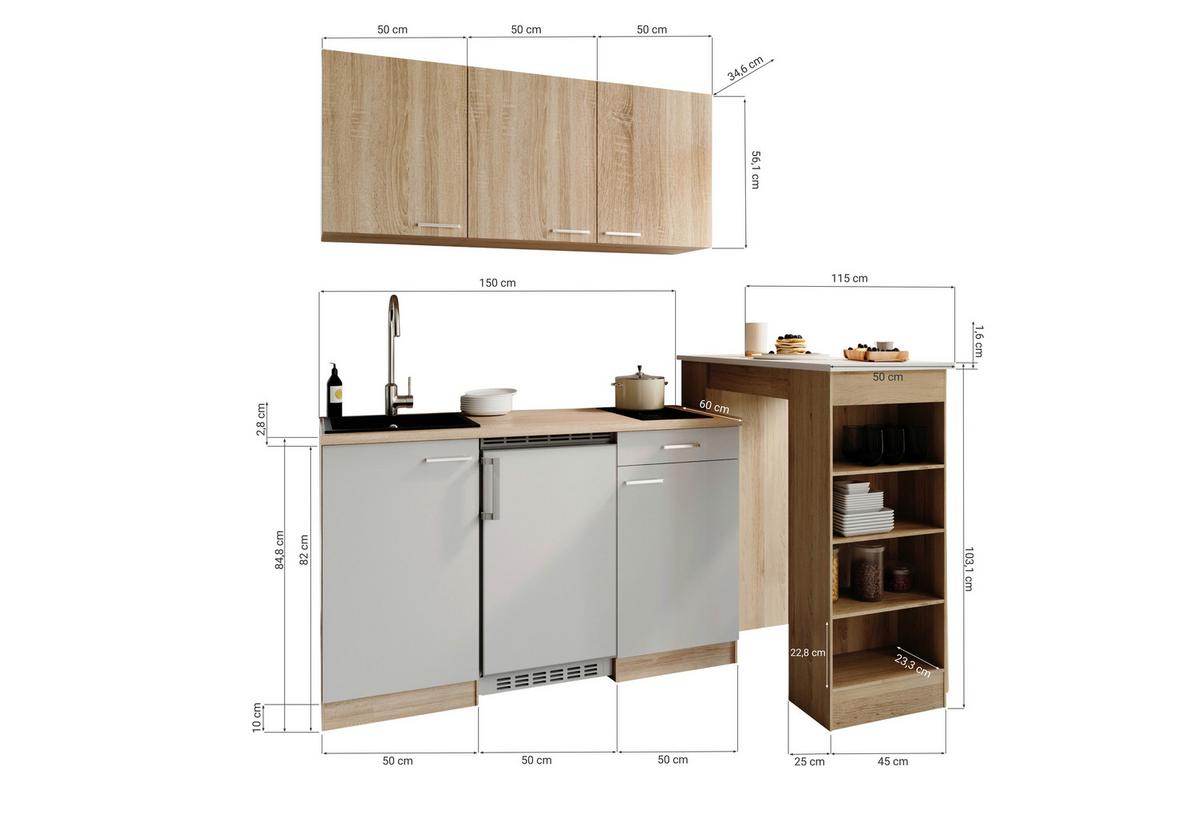 MINIKÜCHE Grau/Eichefarben B: 150cm - Eichefarben/Grau, Design, Holzwerkstoff (150cm) - Respekta