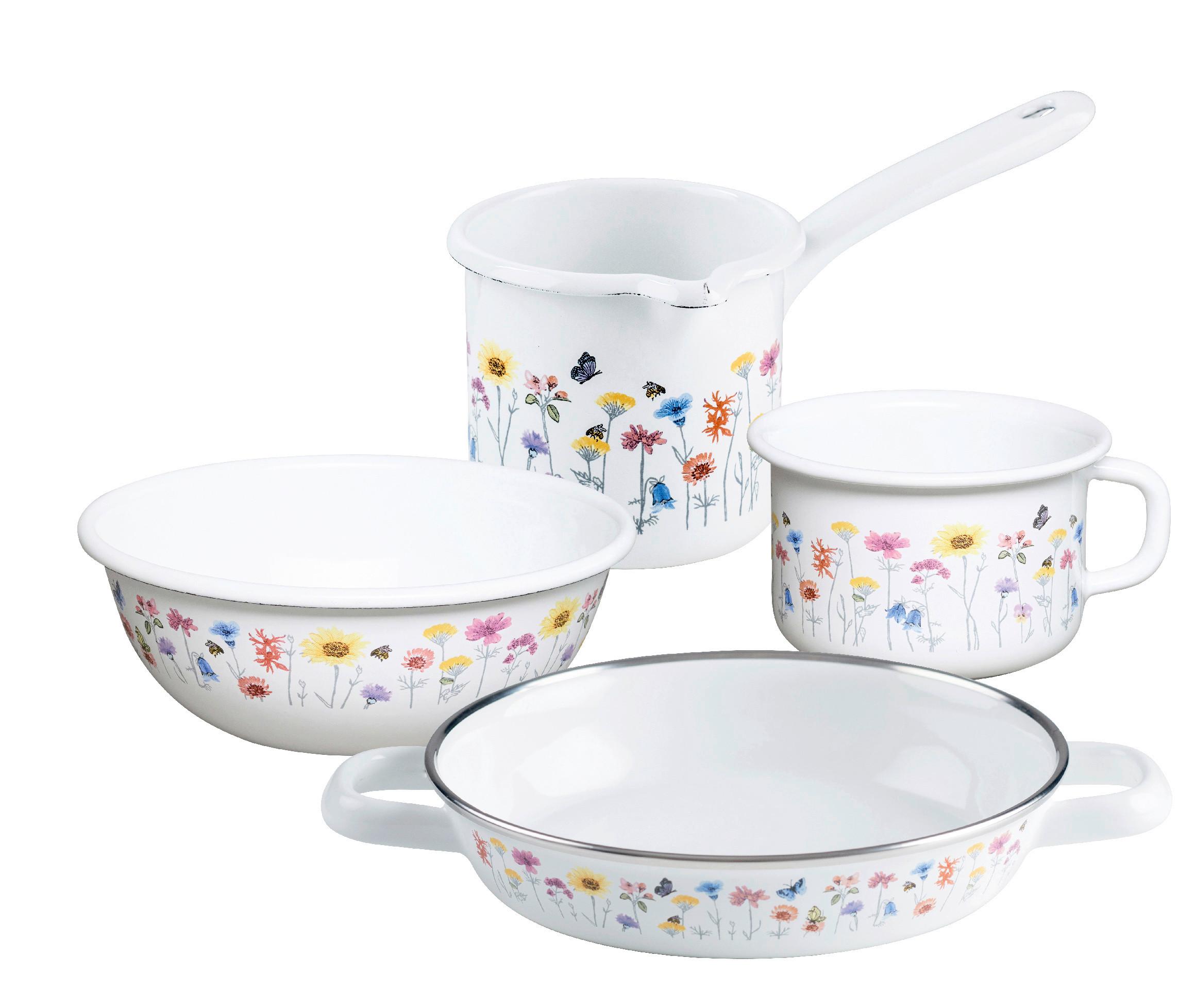 Kochtopfset Email 4-teilig Weiß Mit Blumen - Multicolor, Basics, Metall (41,60/23,80/17,30cm) - Riess