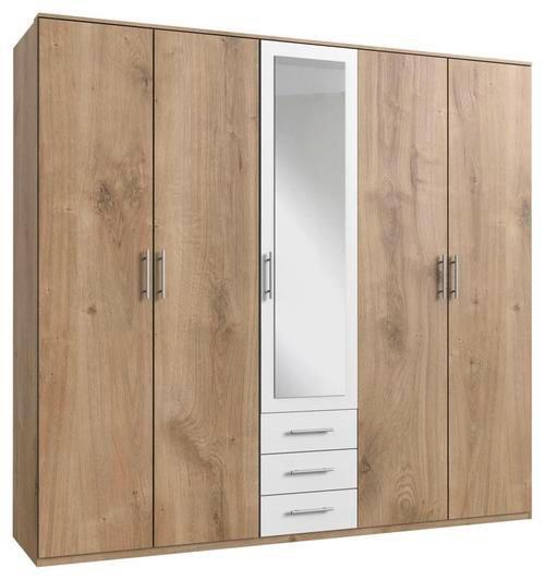 Drehtürenschrank Mit Spiegel + Laden 225cm Ben, Eiche/Weiß