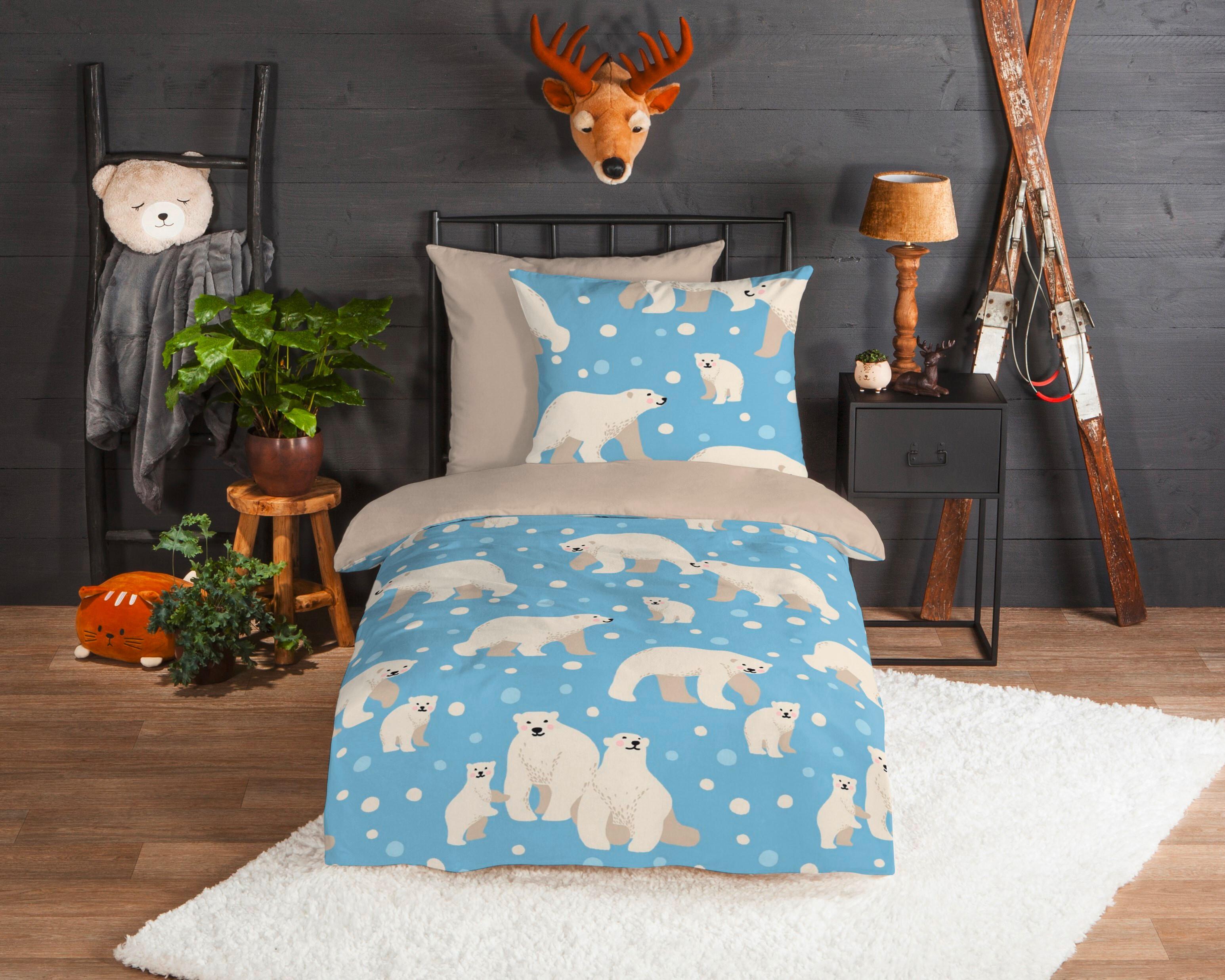 Bettwäsche Polar Bear Blau Sandfarben 140x200 cm - Sandfarben/Blau, Textil (140/200cm)