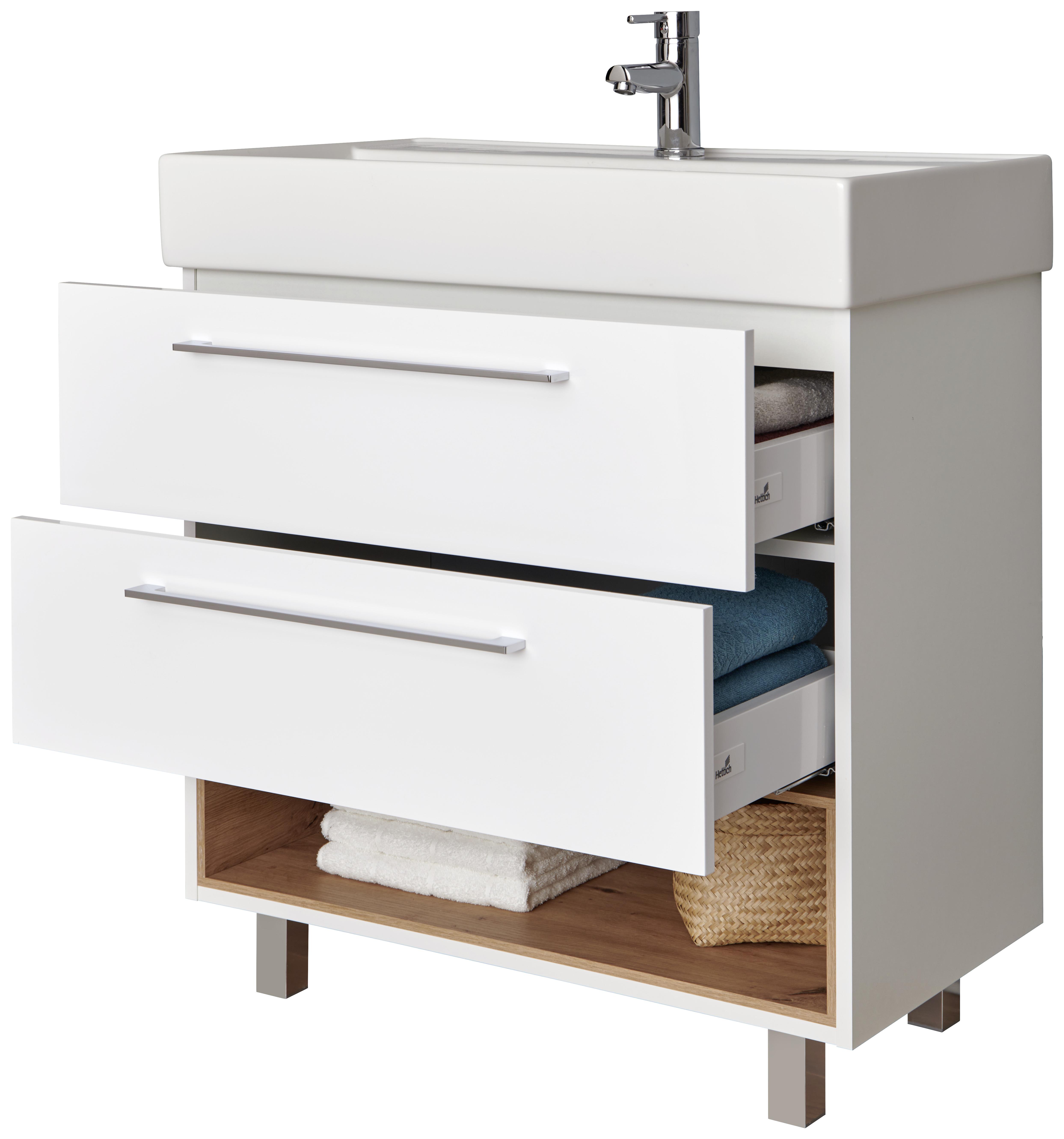 Waschbecken mit Unterschrank + Soft-Close Mura I B 80cm, Weiß - Alufarben/Weiß, MODERN, Keramik/Holzwerkstoff (80/90/46,5cm)