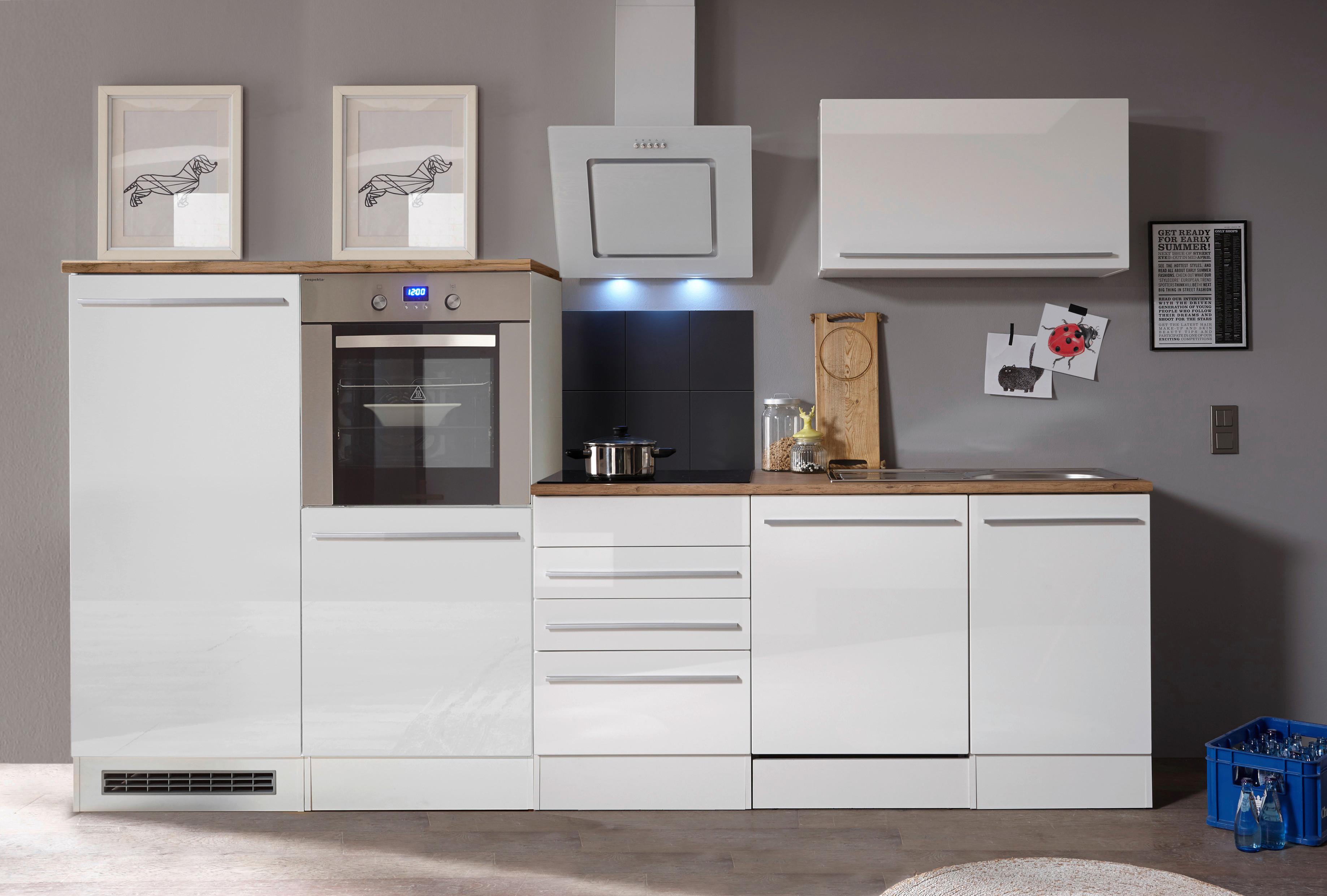 Küchenzeile Premium mit Geräte B: 290 cm Weiß/Eiche Dekor - Wildeiche/Eichefarben, Basics, Holzwerkstoff (290cm) - Respekta