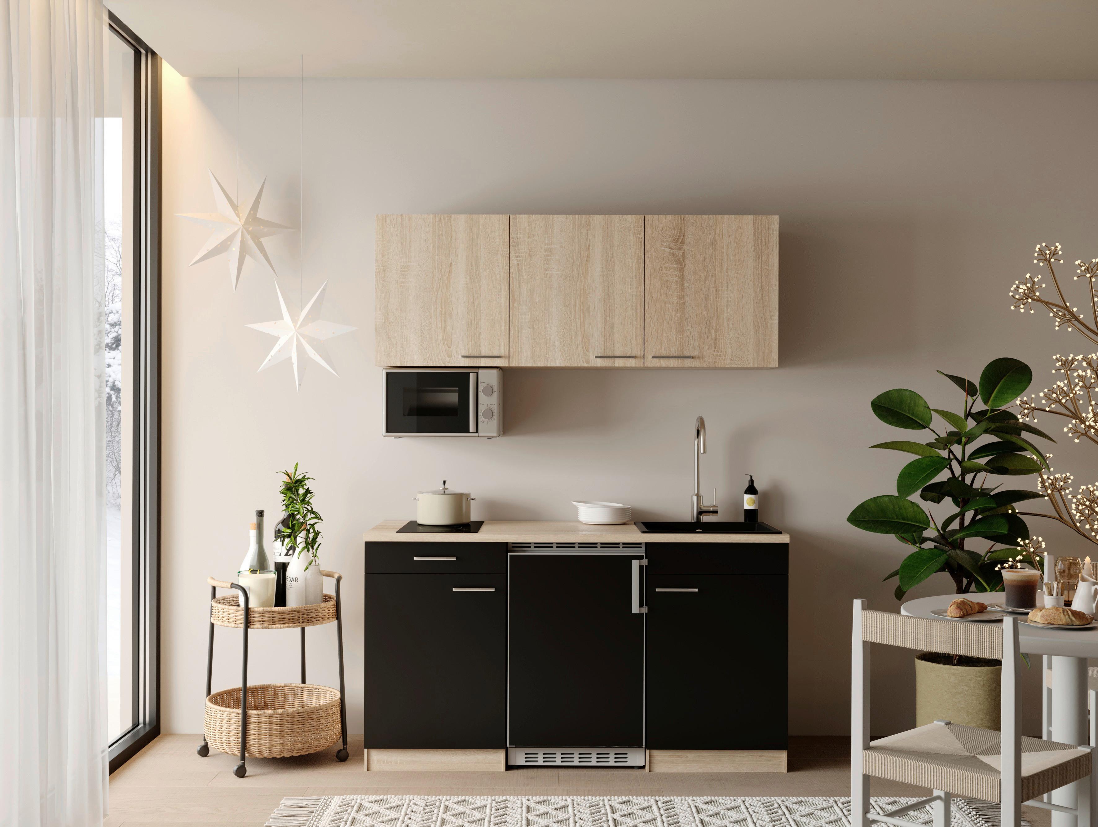 MINIKÜCHE Ingrid, Schwarz B: 150 cm - Eichefarben/Schwarz, Design, Holzwerkstoff (150cm) - Respekta