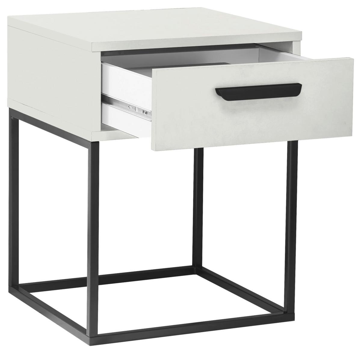 Noční stolek SUNA 1 zásuvka dekor bílá - bílá/černá, Moderní, kov/kompozitní dřevo (40/52/38,5cm)