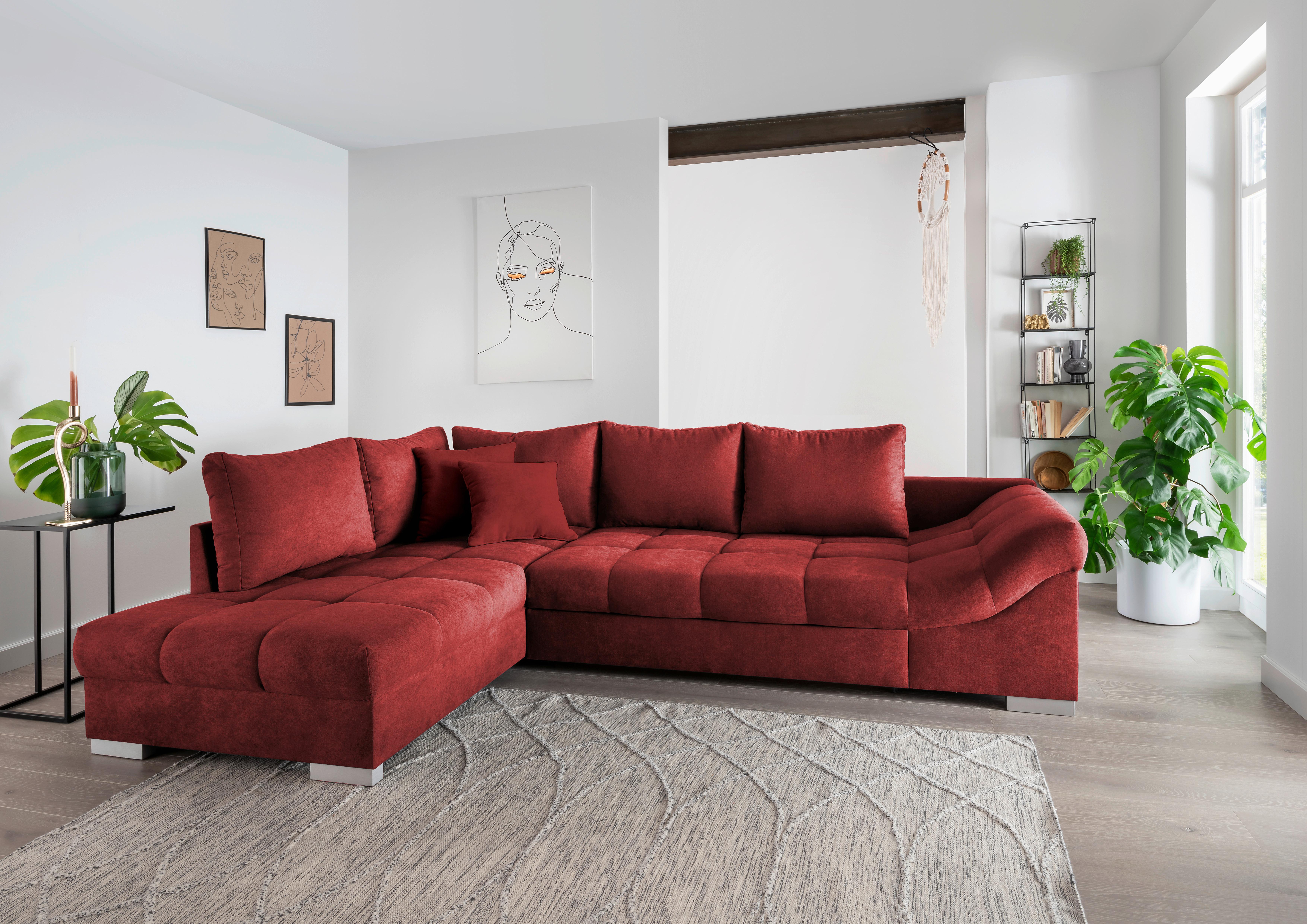 Eckschlafsofa Alvito Rot S: 202/298 cm - Rot/Silberfarben, Design, Textil (202/298cm) - MID.YOU