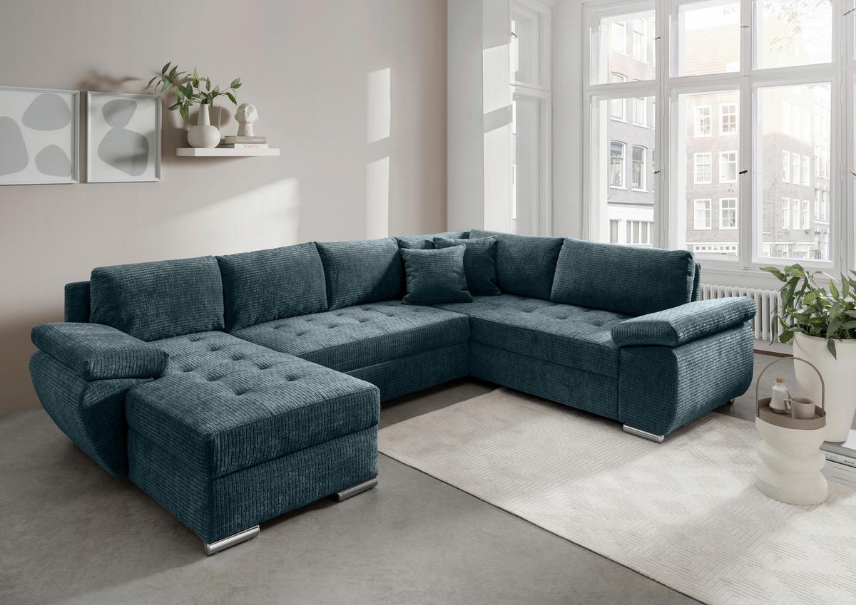 Wohnlandschaft Terana Blau mit Schlaffunktion, Mikrofaser - Chromfarben/Blau, KONVENTIONELL, Textil (157/305/219cm) - Livetastic
