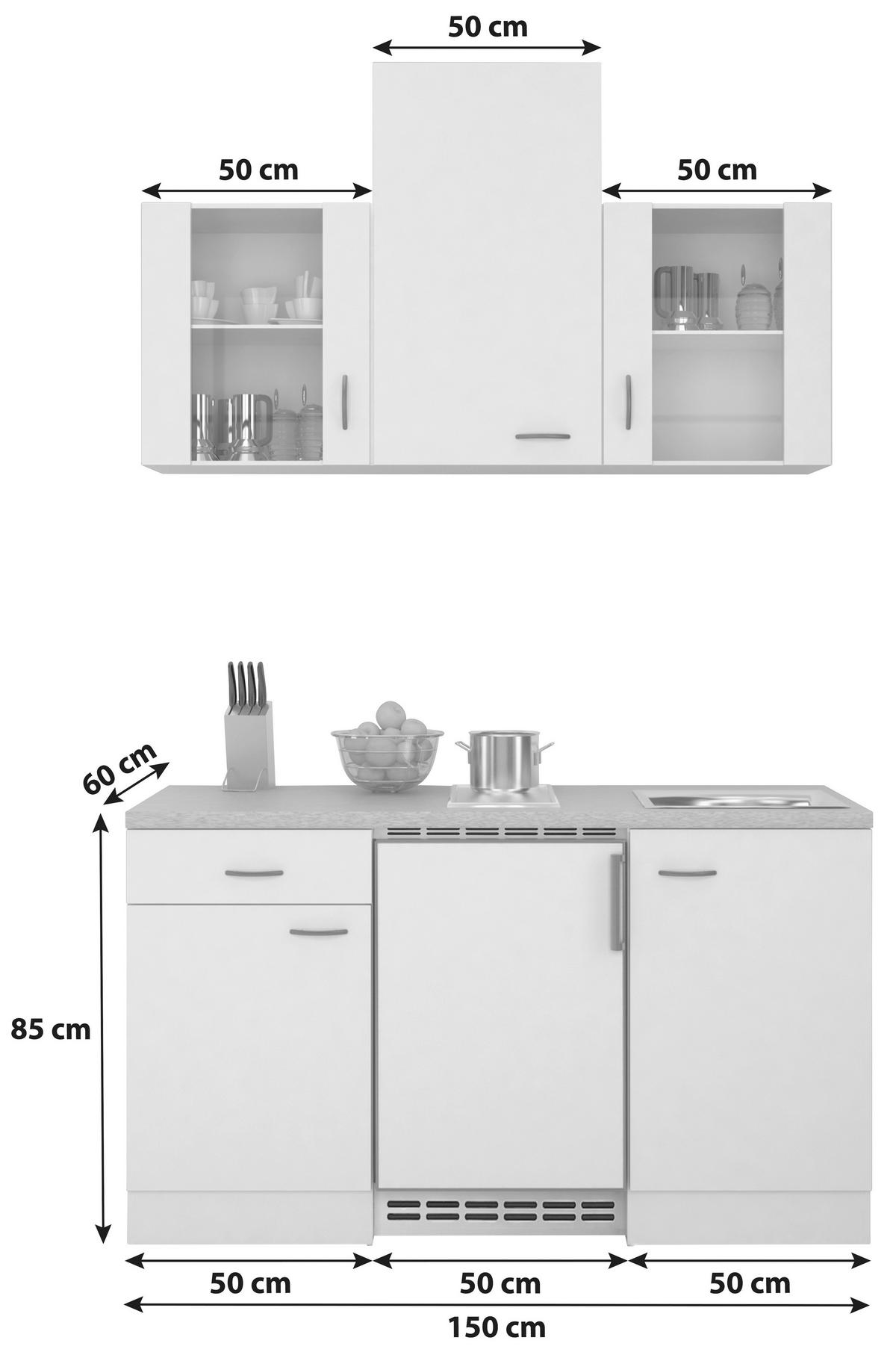 Minikuchyňa WITO vrátane spotrebičov a drezu - biela/farba ušľachtilej ocele, Modern, kompozitné drevo/plast (150,5cm) - MID.YOU