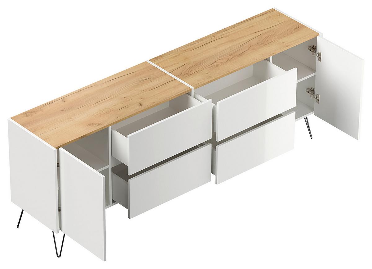 Sideboard Posseik Industrial Eichefarben/Weiß B: 199 cm - Weiß Hochglanz/Eichefarben, Design, Holzwerkstoff (199/75,8/42cm) - MID.YOU