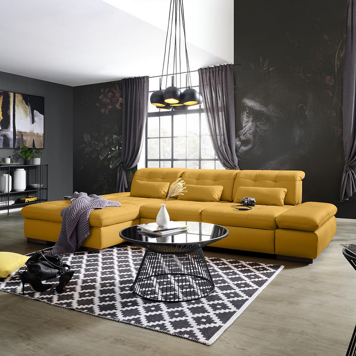 Rohová sedačka SANFINO, ľavá, žltá pravá koža - žltá/chrómová, Konventionell, kov/koža (199/79-96/305cm) - Premium Living