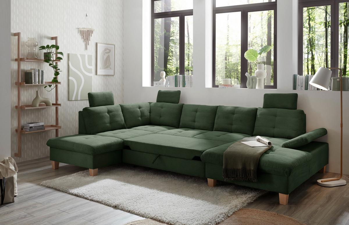 Wohnlandschaft Ascot Dunkelgrün U: 220x324x170 Cm - Dunkelgrün/Eichefarben, KONVENTIONELL, Textil (220/324/170cm) - MID.YOU