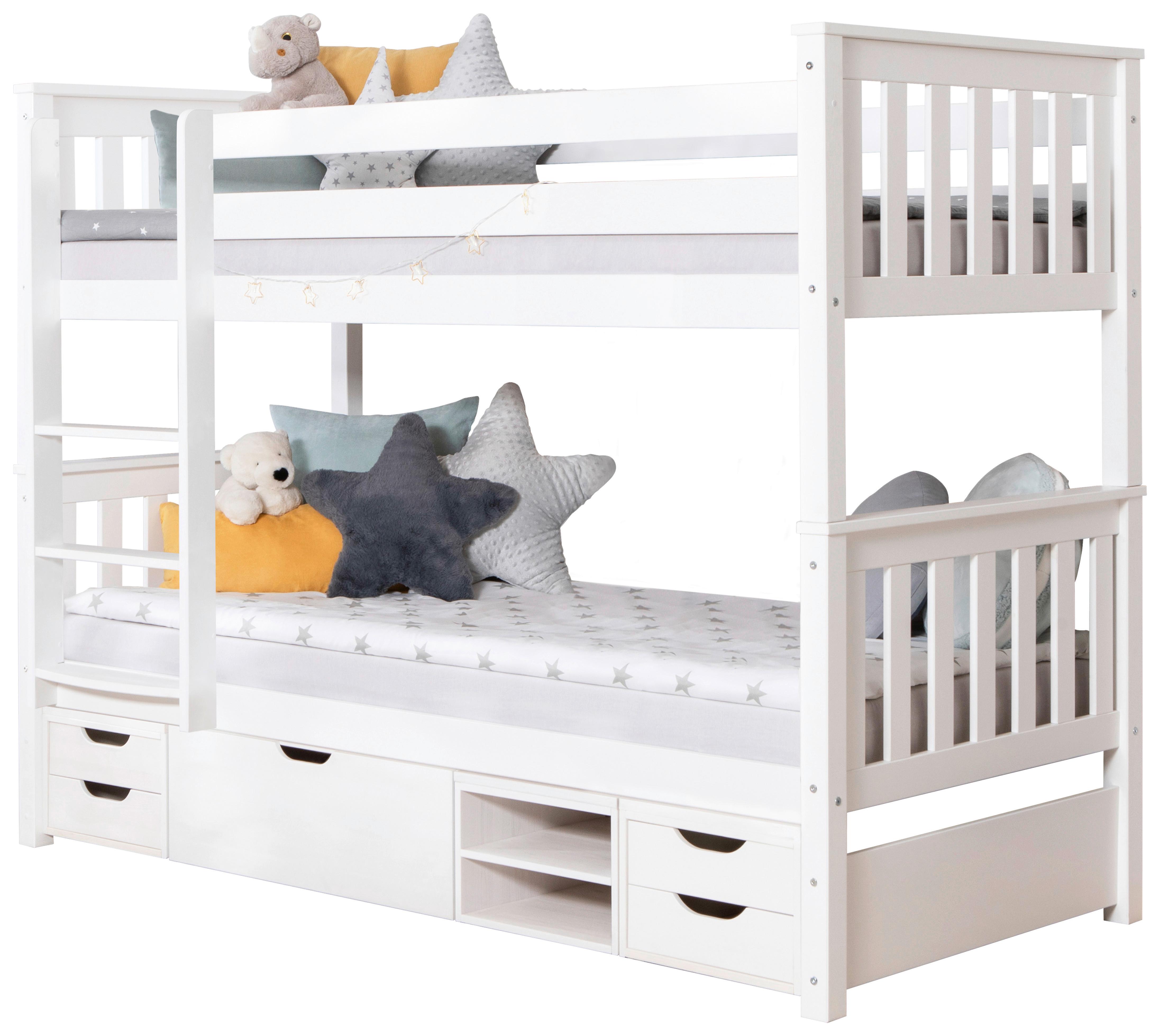 Etagenbett Sammy Weiß Kiefer massiv 90 cm m. Stauraum