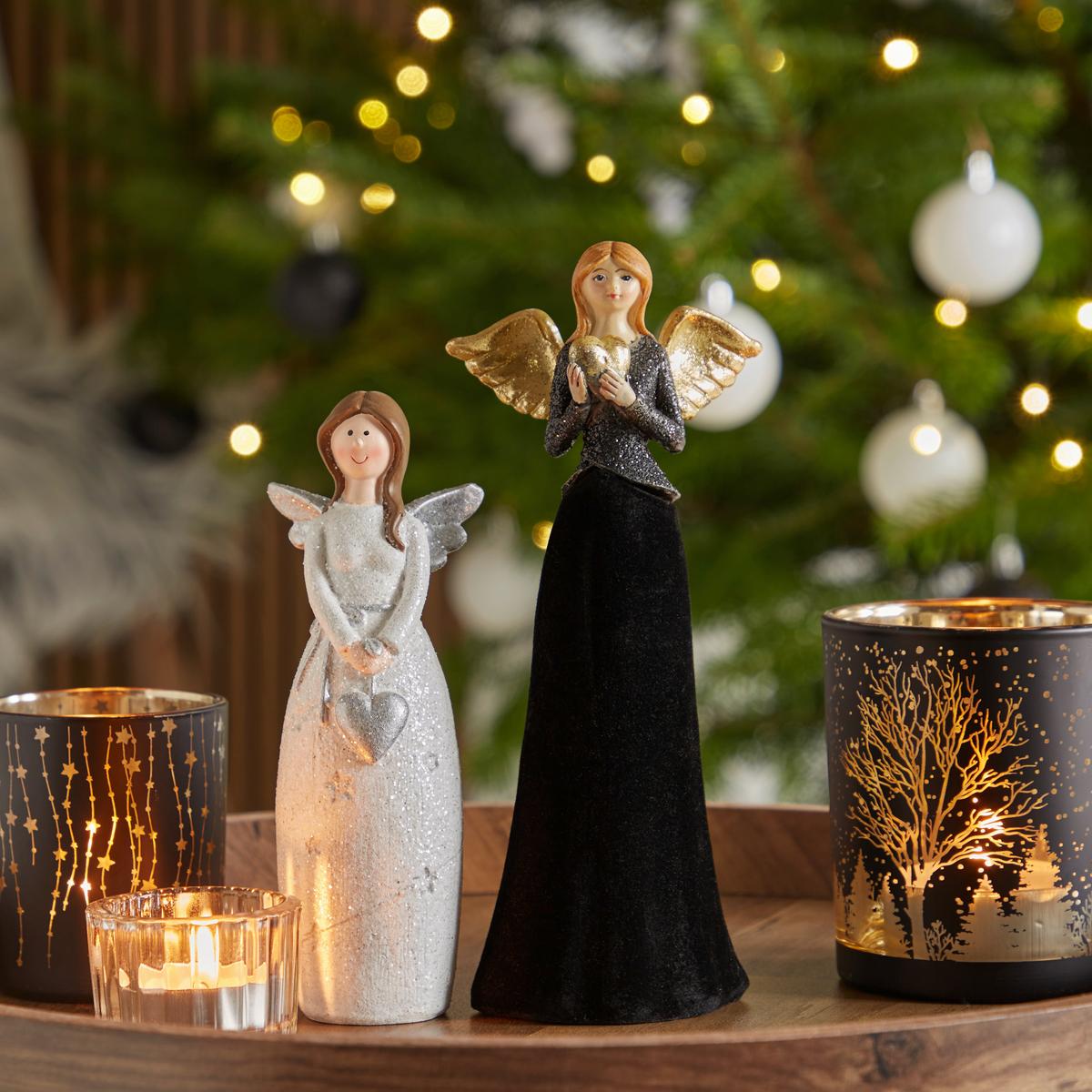 Weihnachtsdeko Engel Stein Stehend, H: ca. 17 cm - Silberfarben/Creme, KONVENTIONELL, Stein (6/4,5/16,5cm) - Luca Bessoni