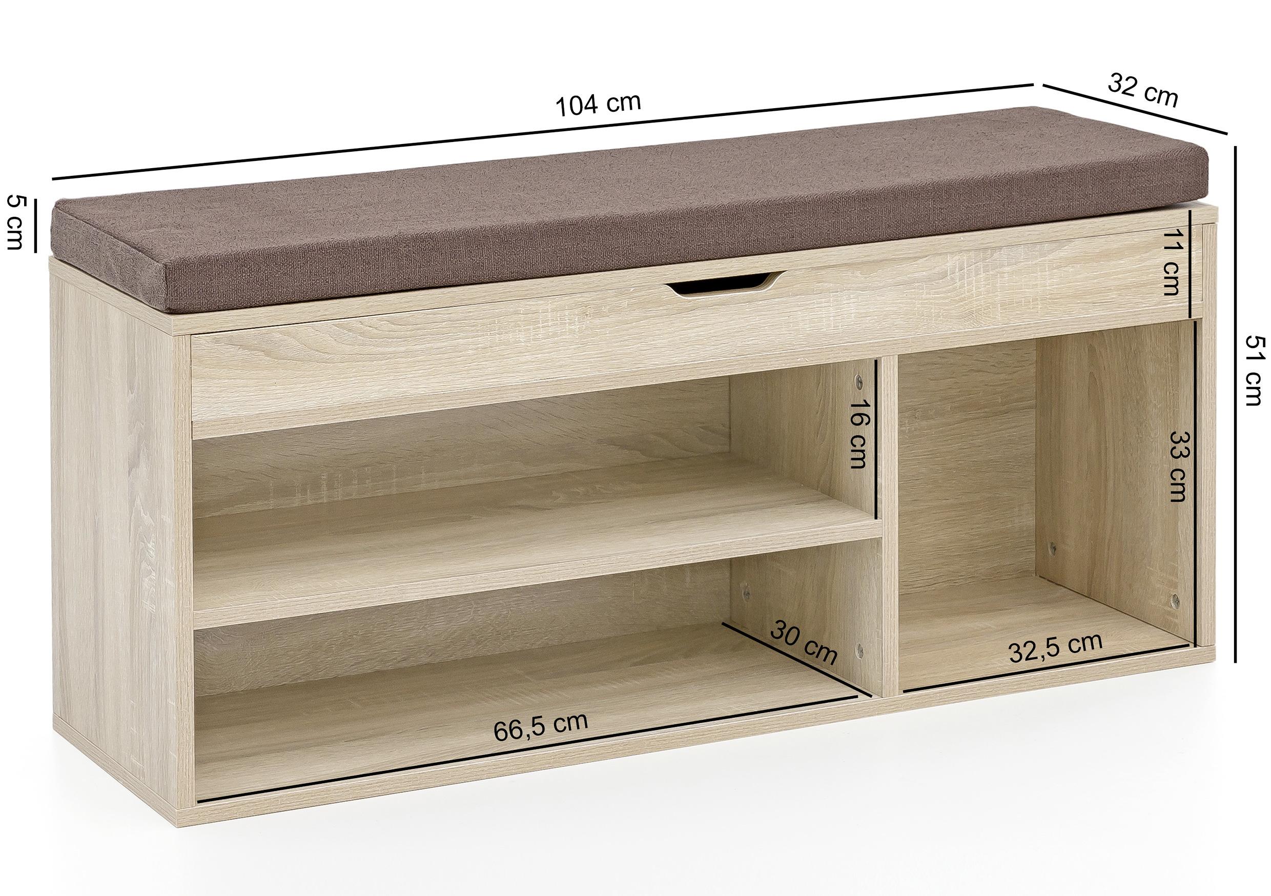 Garderobenbank aus Sonoma-Eiche Dekor mit Webstoff in Braun Maße