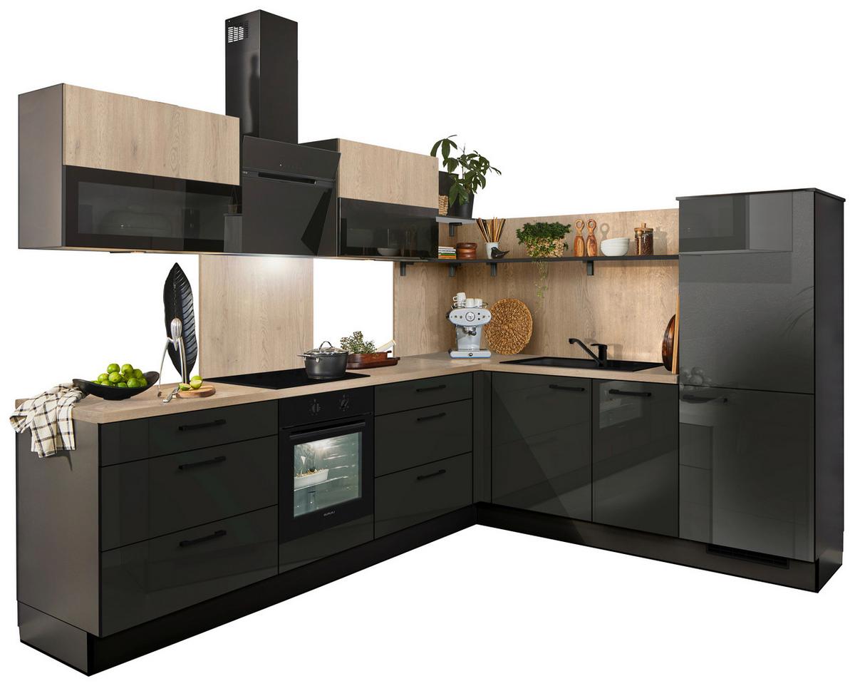 Eckküche Pn215/pn100 - Grau Hochglanz/Eichefarben, MODERN, Holzwerkstoff (285/230cm) - Pino