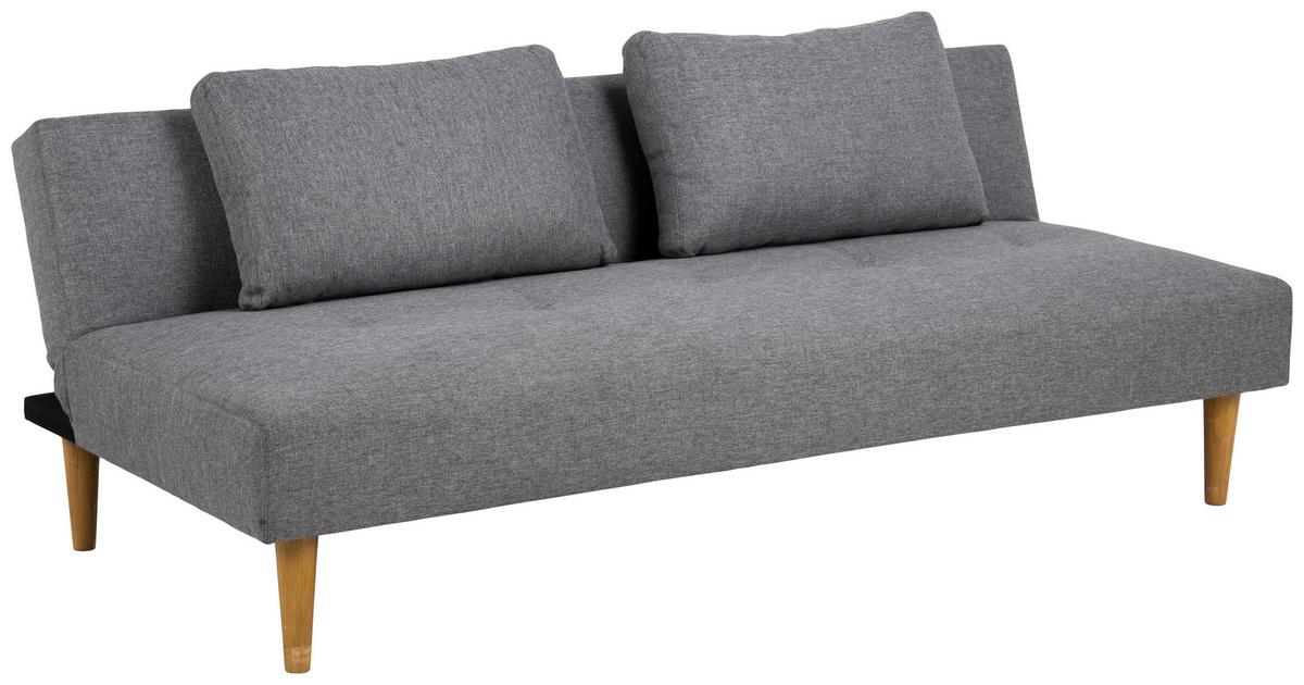 Schlafsofa mit grauem Textilbezug und zwei Rückenkissen